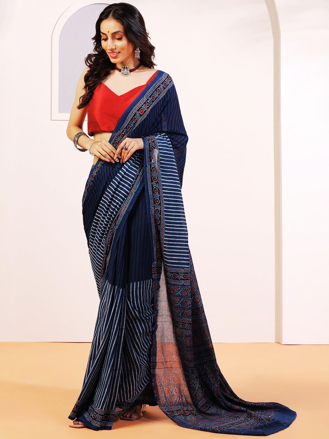 

ADITRI Handloom Handblock Printed Ajrakh Pure Cotton Saree, Blue