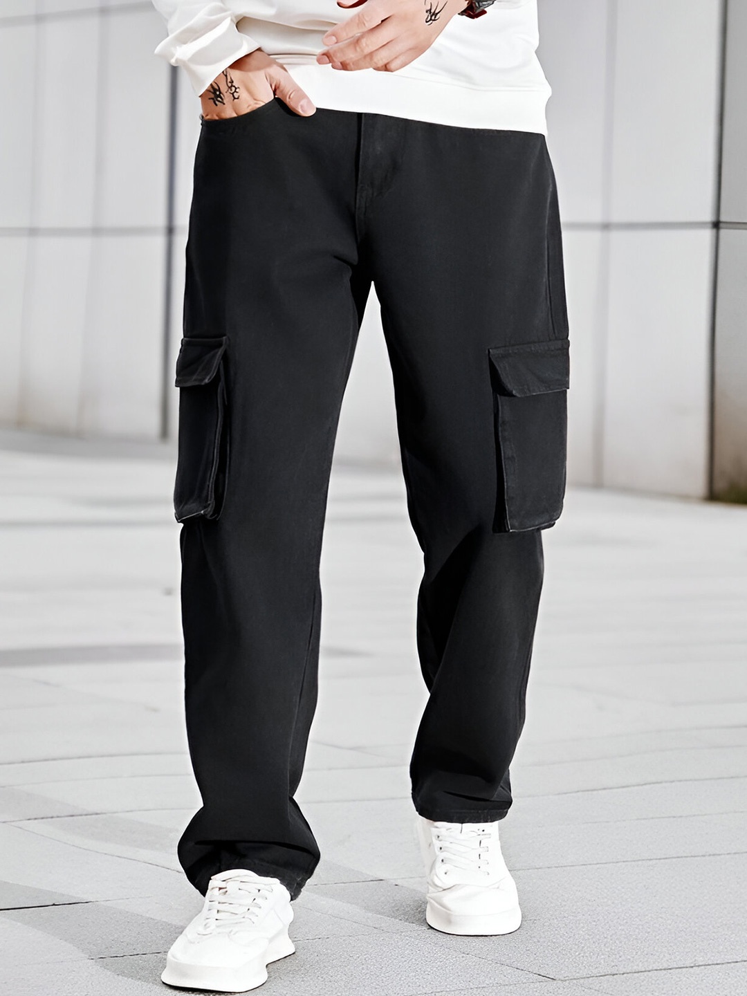 

Ben Martin Men Loose Baggy Fit Stretchable Cargo Jeans, Black