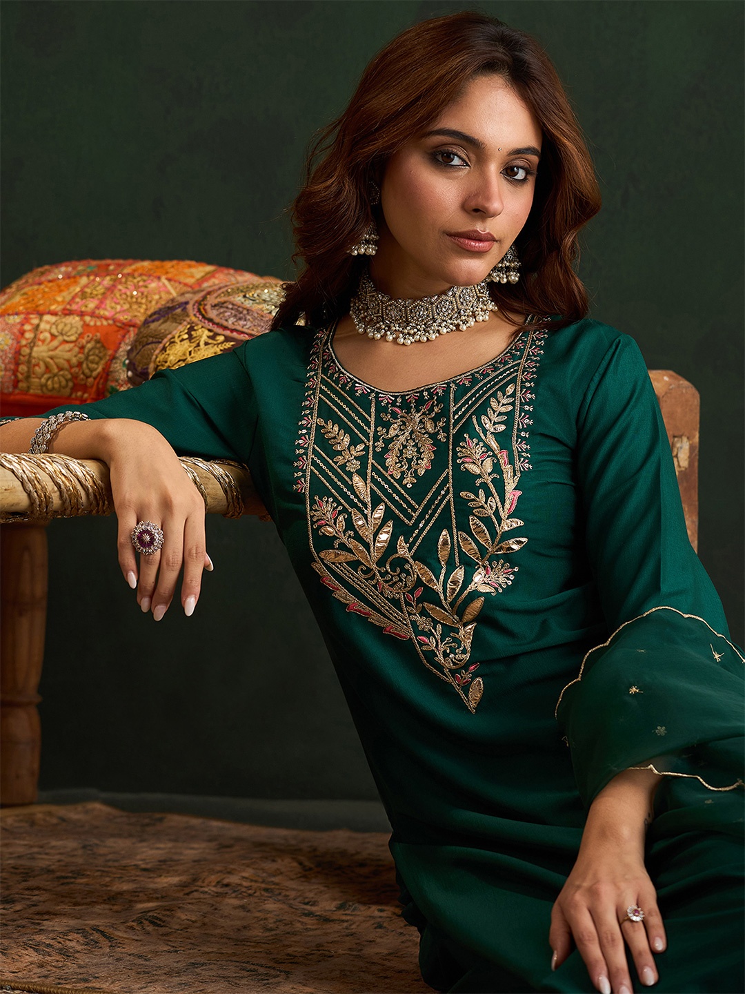 

Indo Era Ethnic Motifs Embroidered Gotta Patti Straight Kurta With Trousers & Dupatta, Green