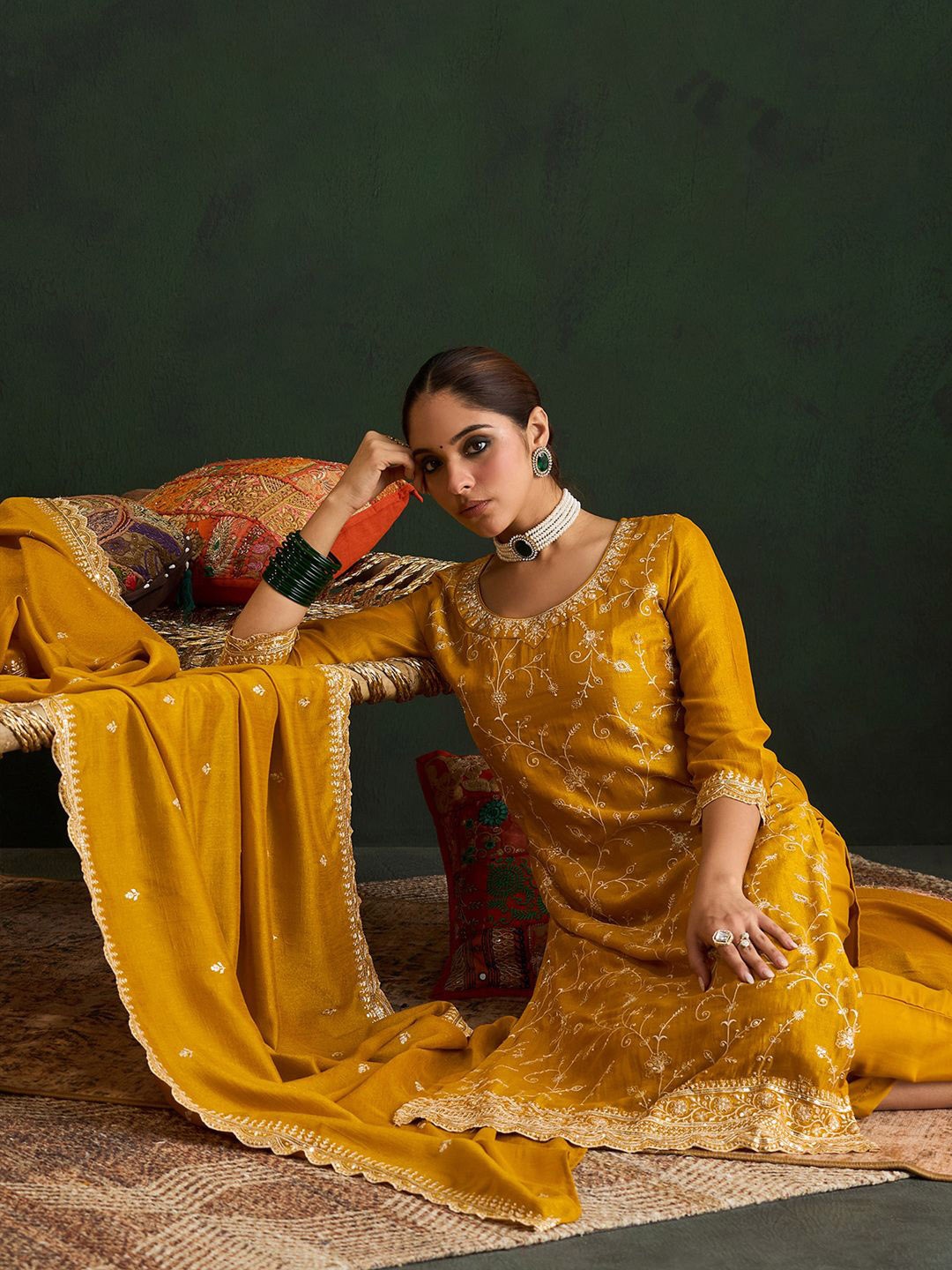 

Indo Era Floral Embroidered Thread Work Kurta With Trousers & Dupatta, Mustard