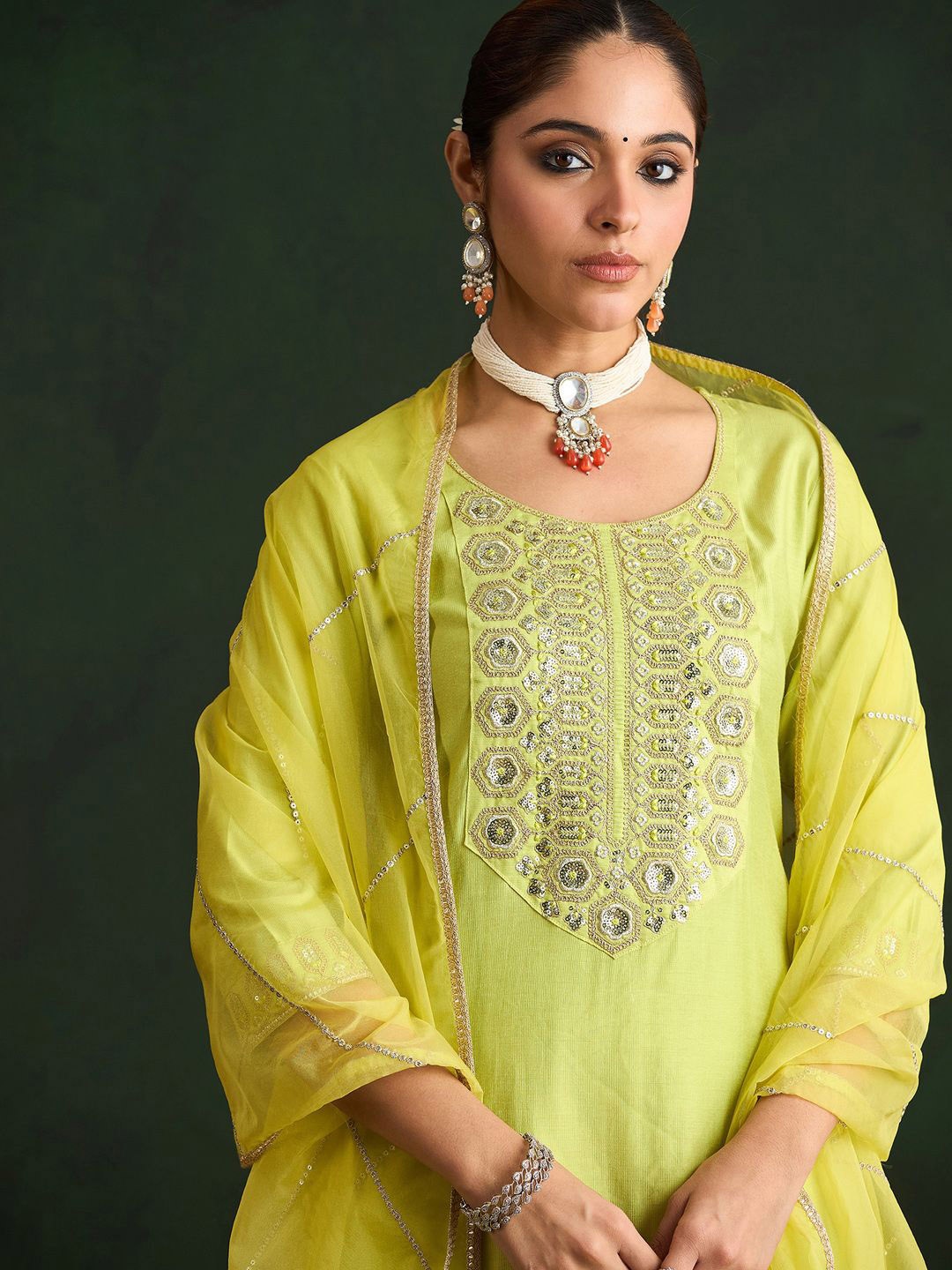 

Indo Era Embroidered Liva Straight Kurta With Trousers & Dupatta, Olive