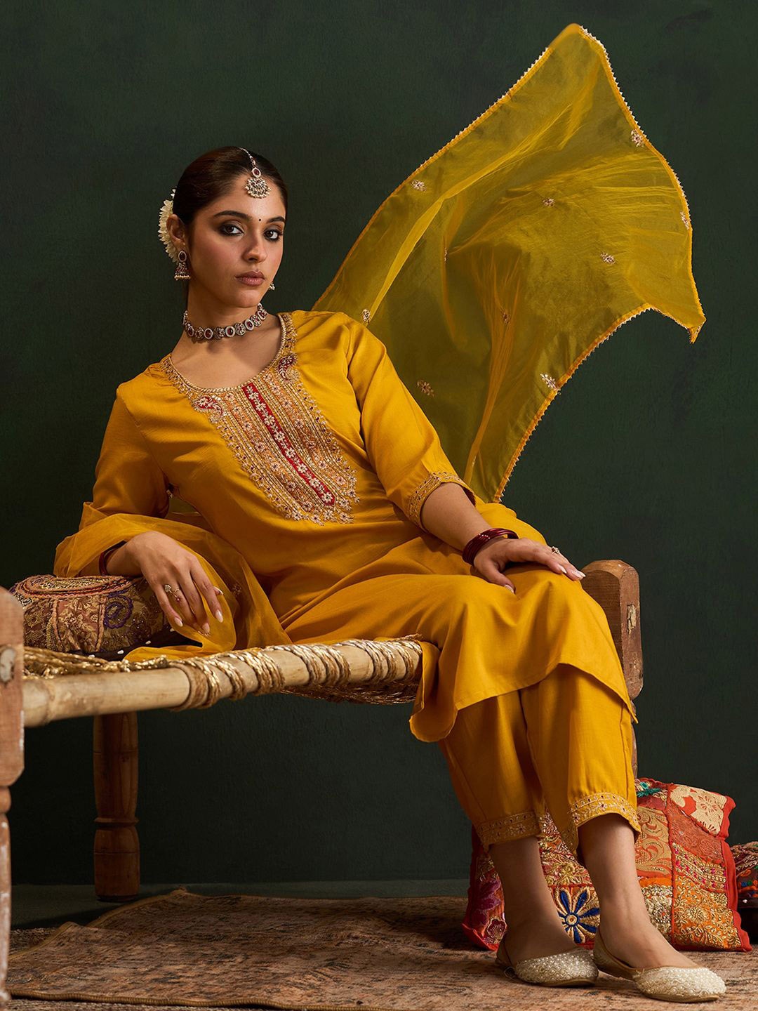 

Indo Era Yellow Floral Embroidered Straight Kurta with Trousers & Dupatta