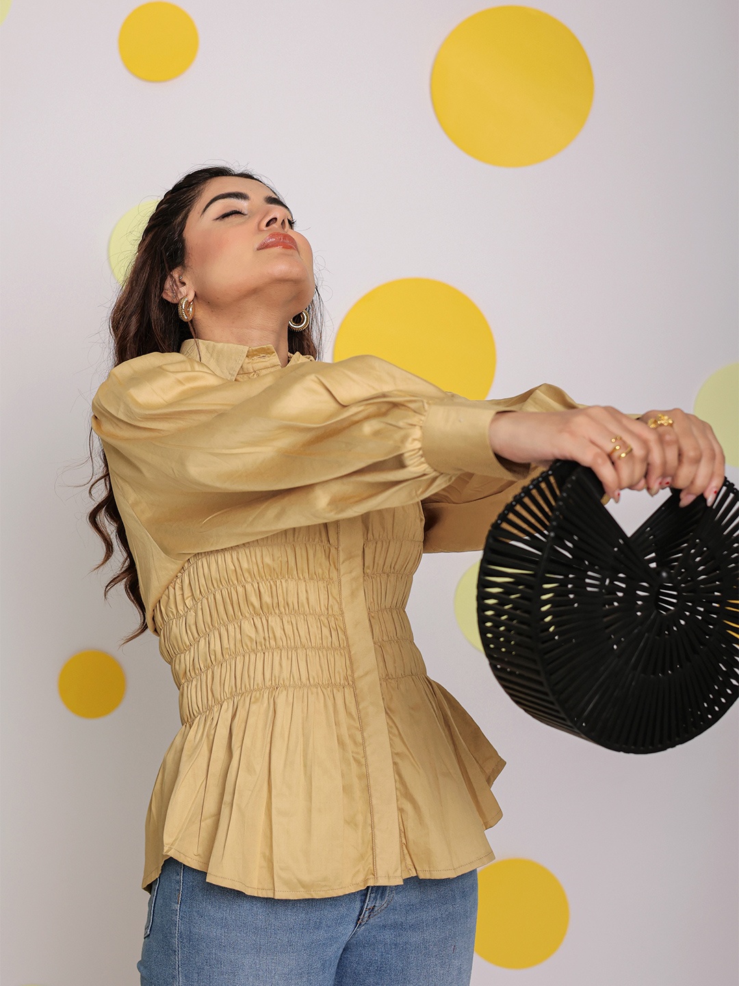 KAORI BY SHREYA AGARWAL Women Cotton Shirt Style Top, Beige