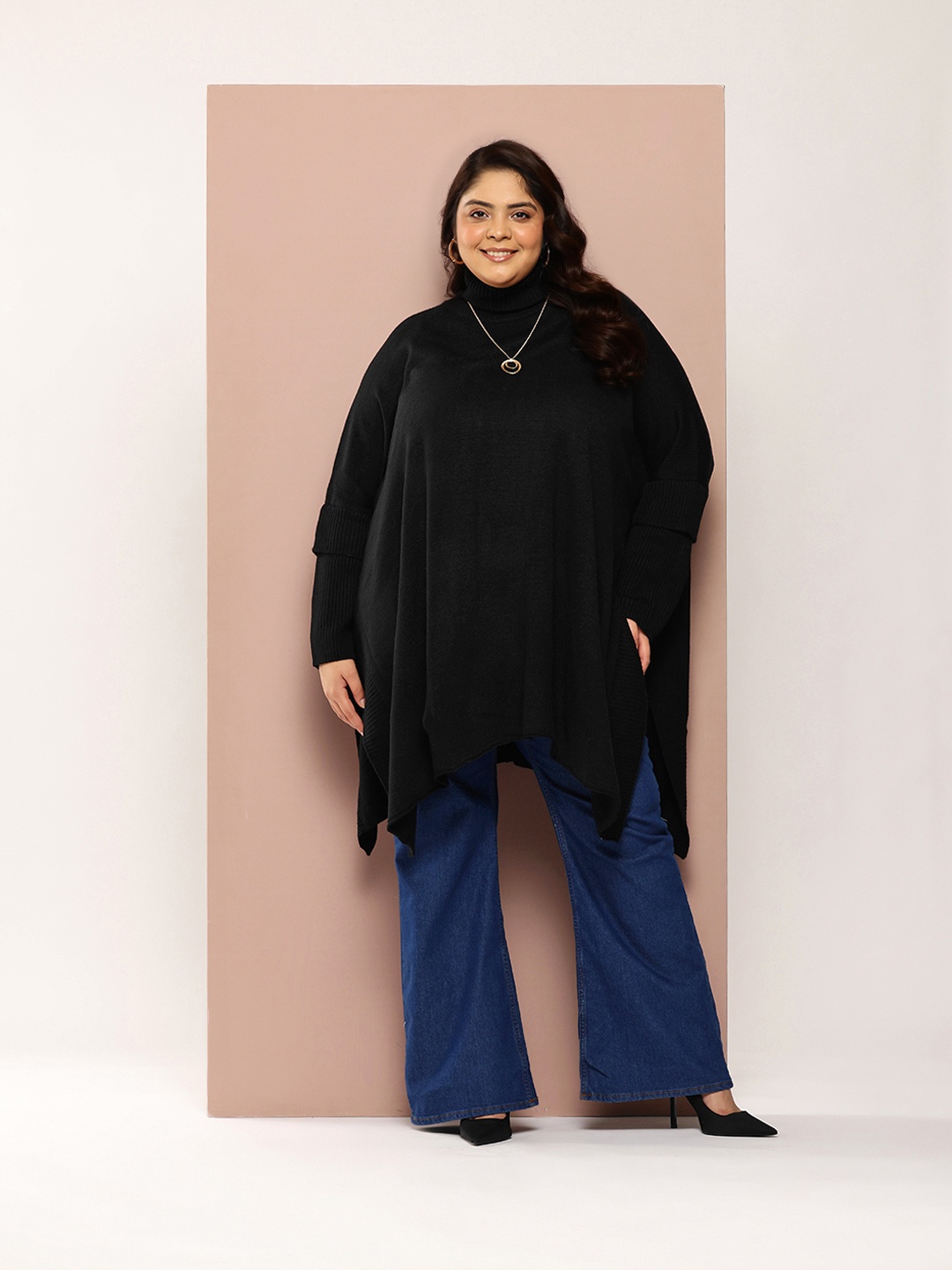

Sztori Plus Size Turtle Neck Side Slits Asymmetric Longline Sweaters, Black