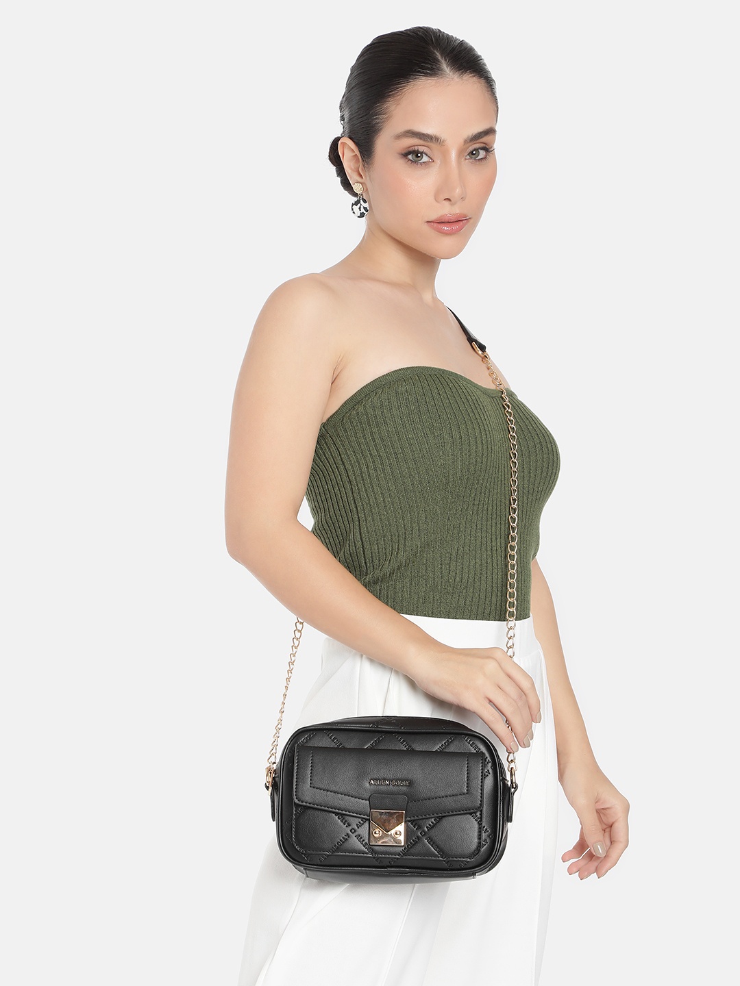 

Allen Solly Brand Logo Printed Structured Sling Bag, Black