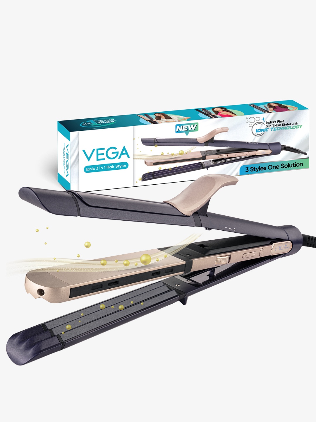 

VEGA Ionic 3 in 1 Straightener, Curler & Crimper Hair Styler - VHSCC - 08, Navy blue