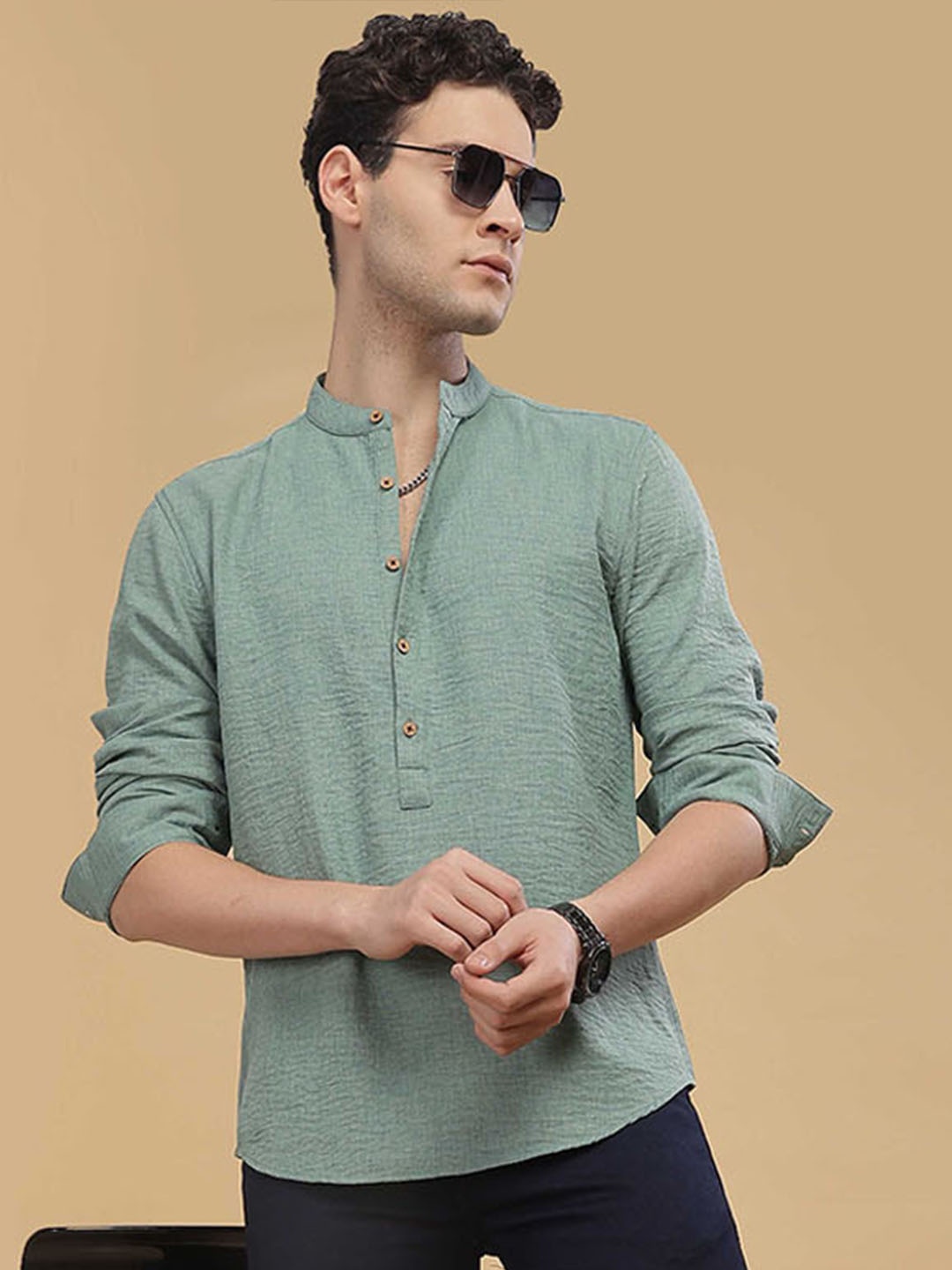 

HERE&NOW Mandarin Collar Short Kurta, Sea green