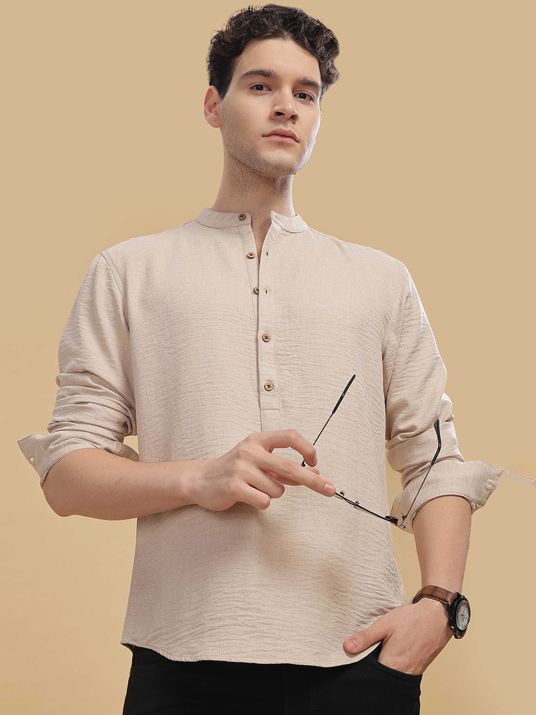 

HERE&NOW Mandarin Collar Short Kurta, Beige