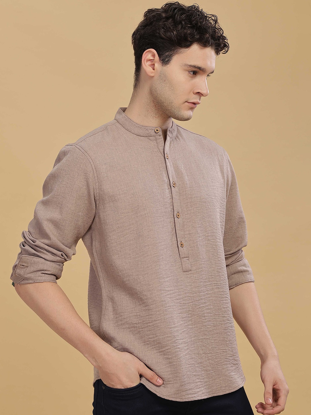 

HERE&NOW Mandarin Collar Short Kurta, Khaki