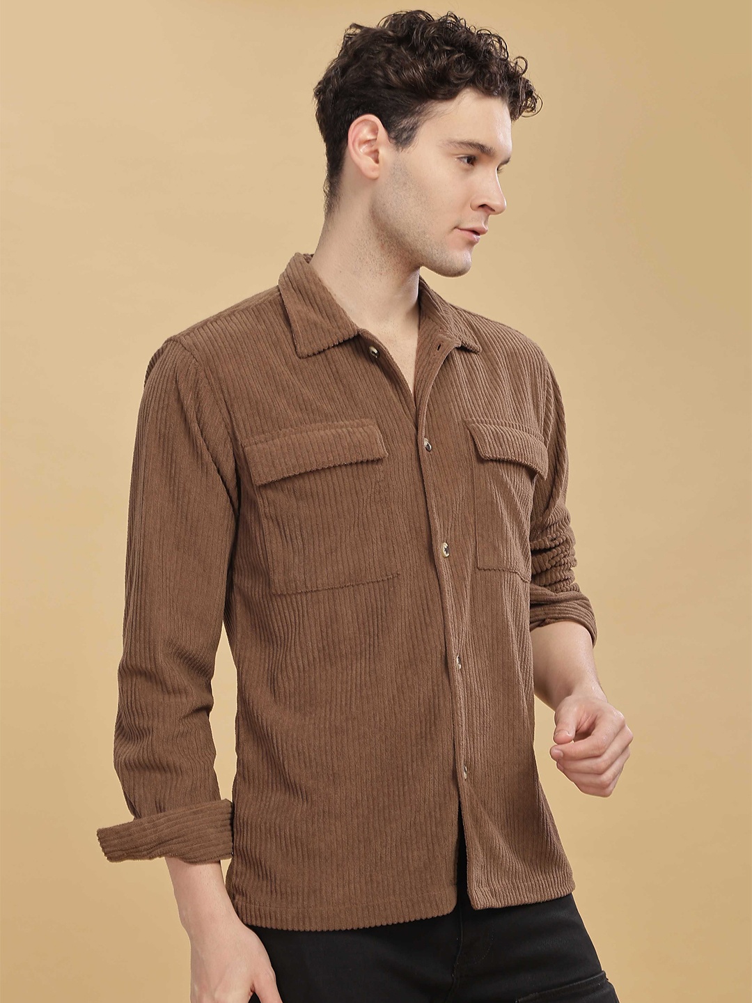 

HERE&NOW Men Spread Collar Long Sleeves Shirt, Brown