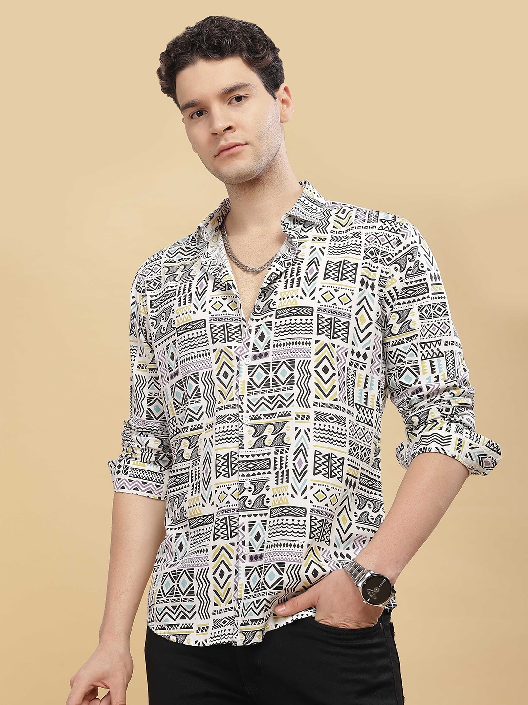 

HERE&NOW Men Spread Collar Ethnic Motifs Printed Slim Fit Casual Shirt, White