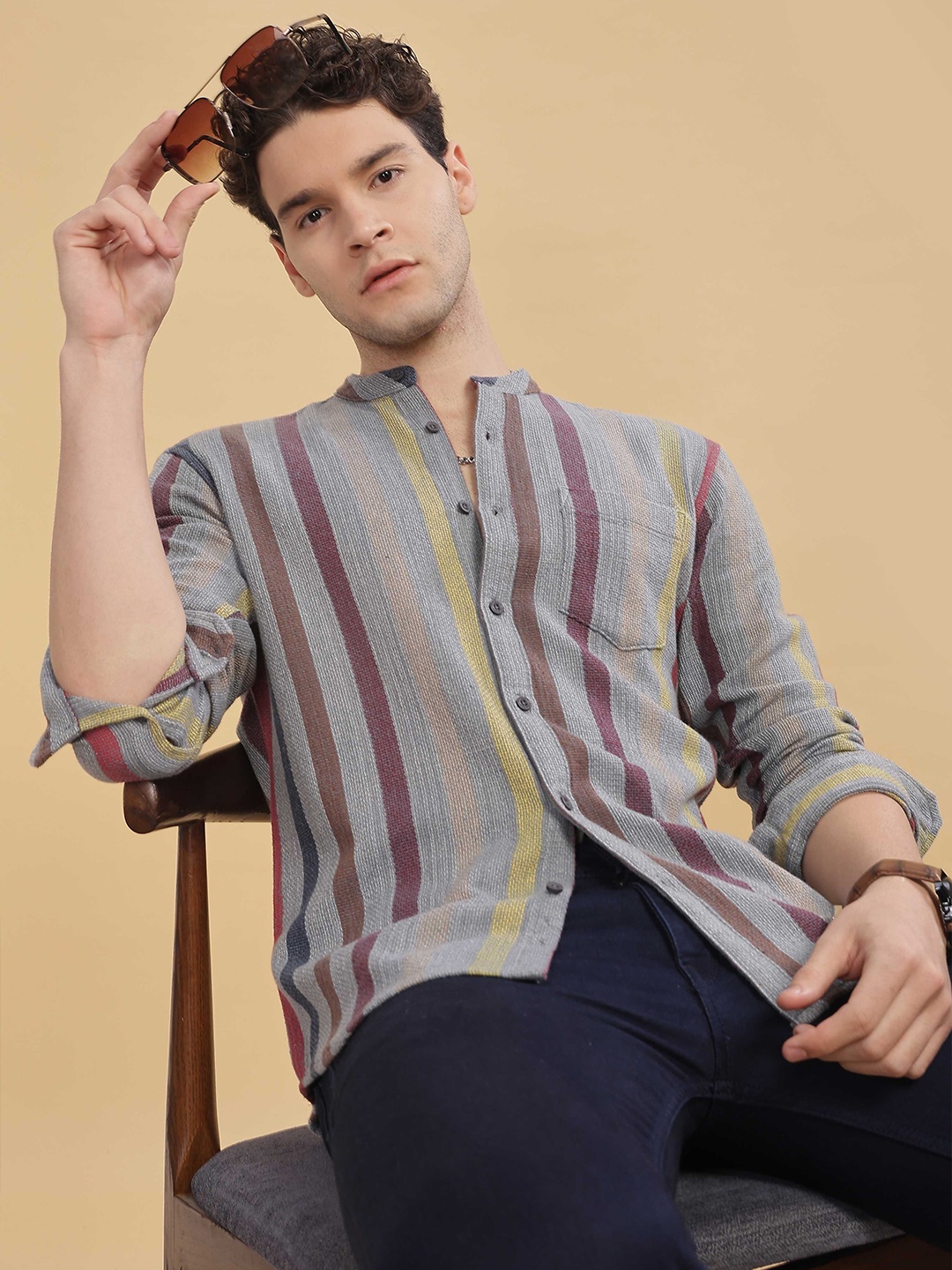 

HERE&NOW Men Mandarin Collar Vertical Striped Cotton Regular Fit Casual Shirt, Grey