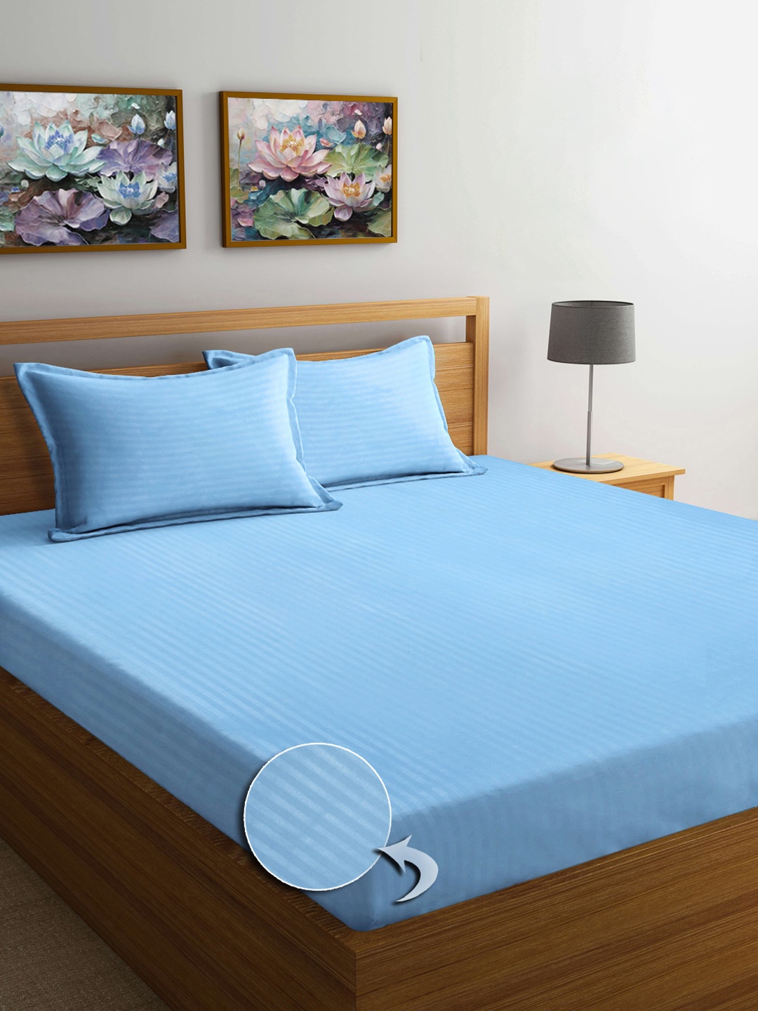 

FABINALIV Blue Striped Print Cotton Super King Size Bedsheet & 2 Pillow Covers