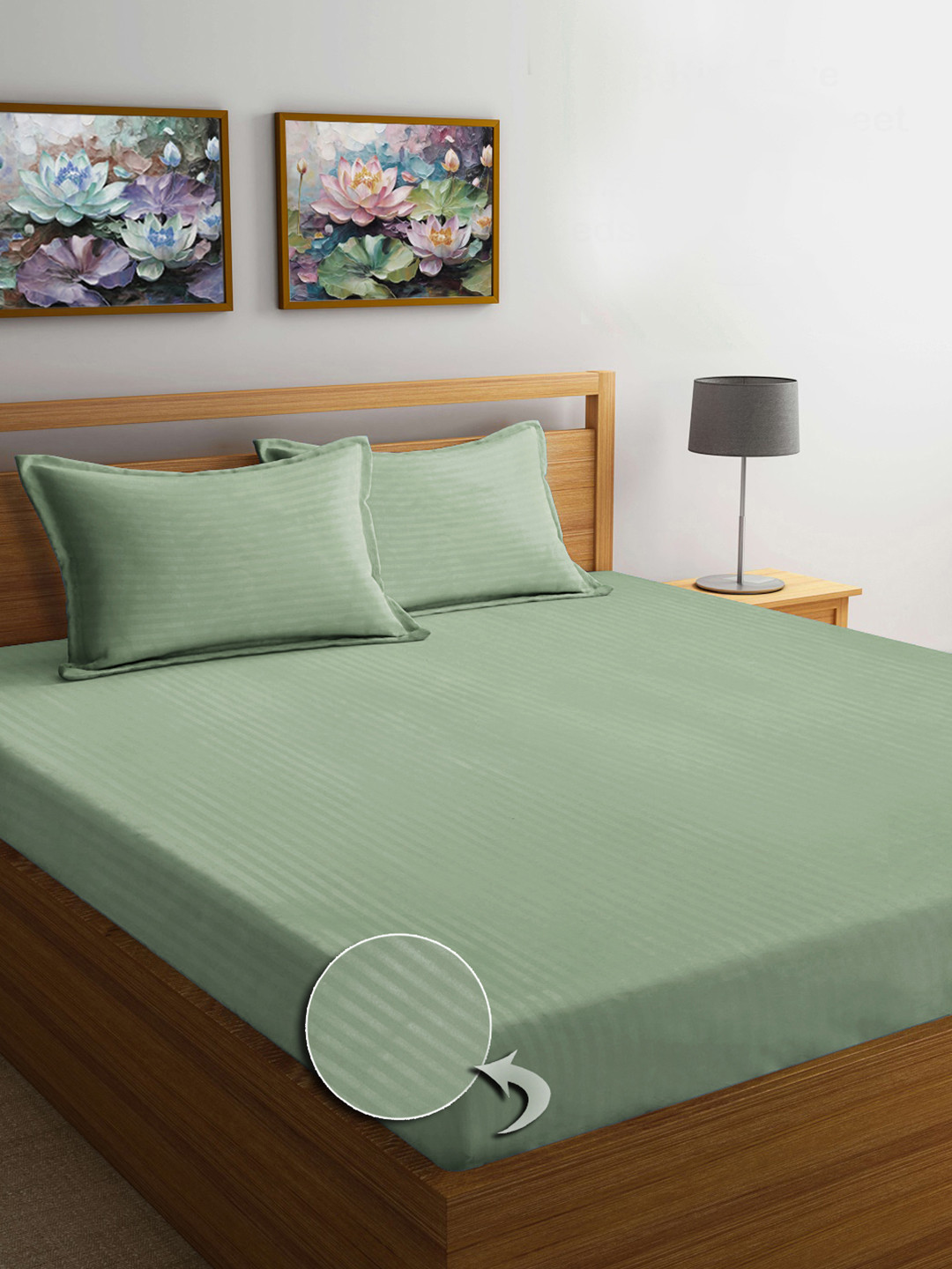 

FABINALIV Green Striped Print Cotton Super King Size Bedsheet & 2 Pillow Covers