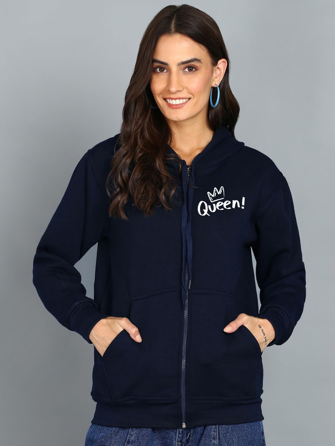 

FALTU.CO Women Printed Hooded Sweatshirt, Navy blue