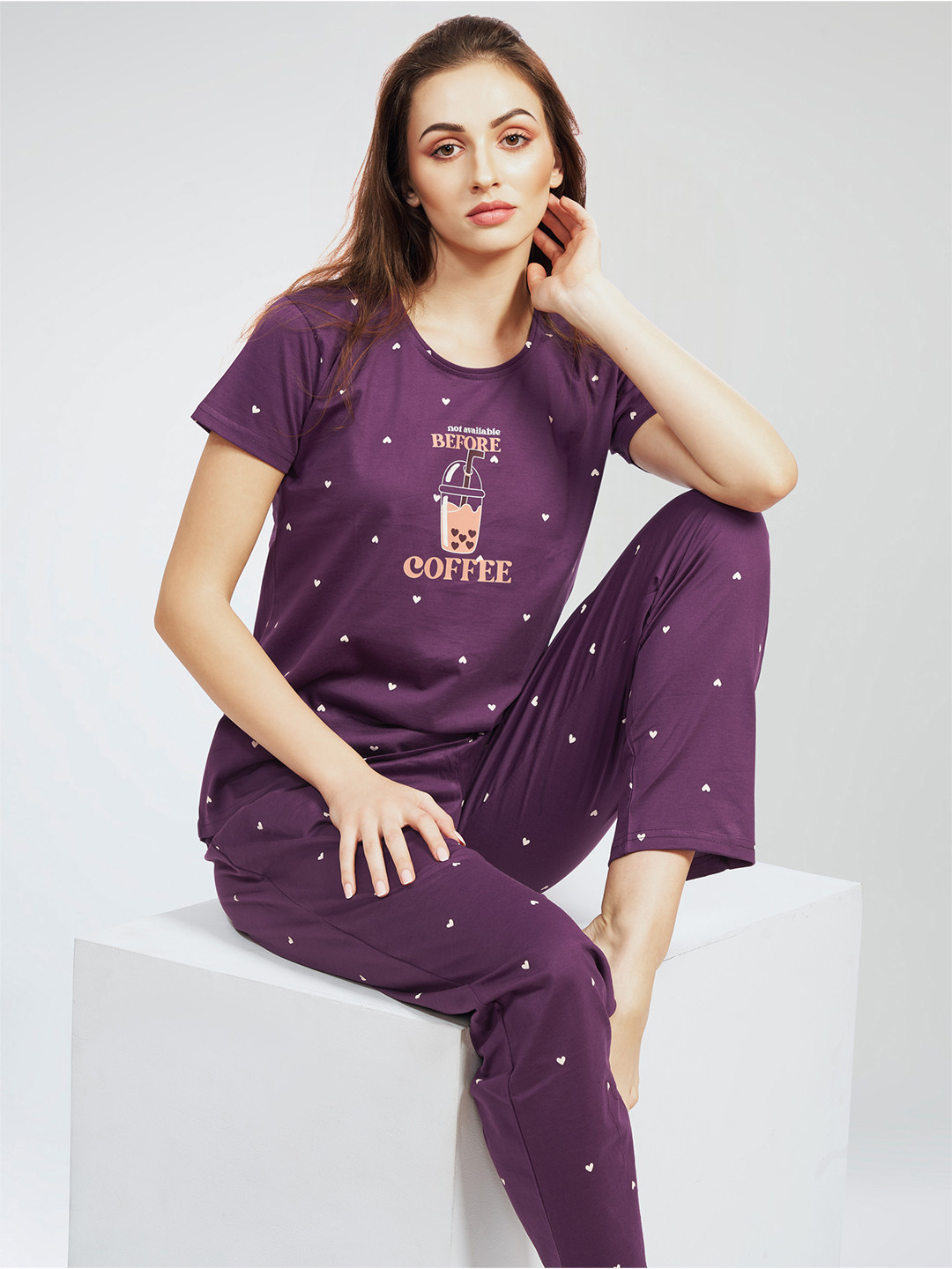 

PASTEL CLIP Women Printed Pure Cotton Night suit, Purple
