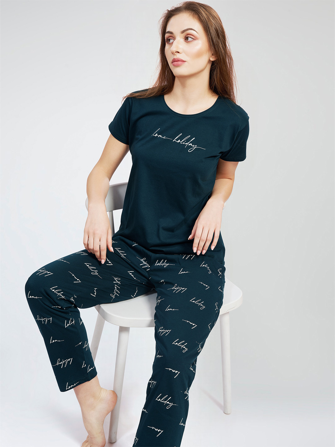 

PASTEL CLIP Women Typography Printed Pure Cotton Night suit, Blue