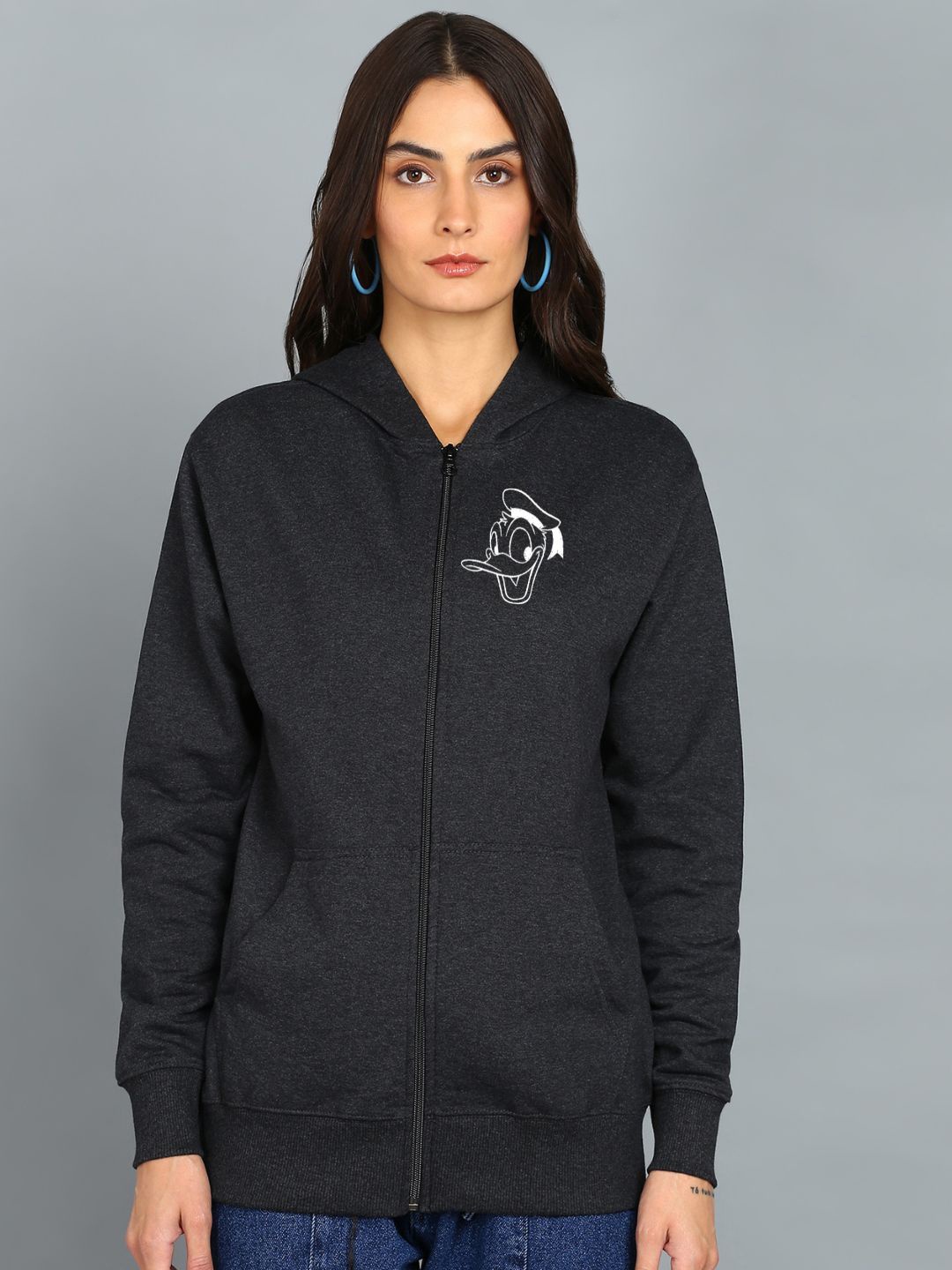 

FALTU.CO Women Printed Hooded Sweatshirt, Charcoal