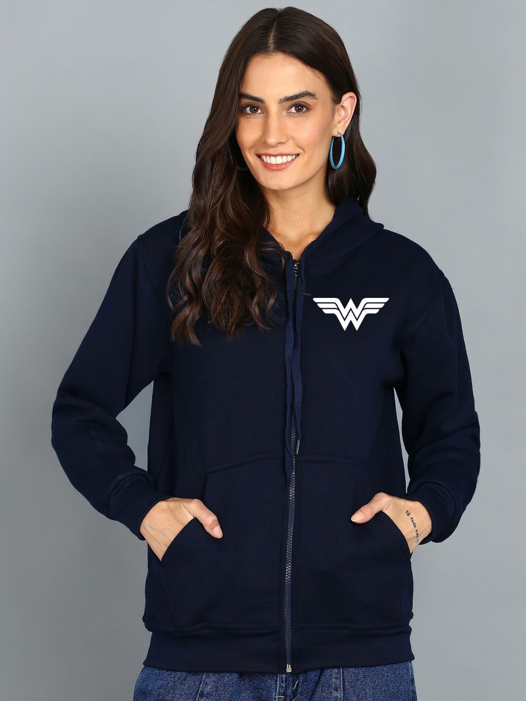 

FALTU.CO Women Printed Hooded Sweatshirt, Navy blue