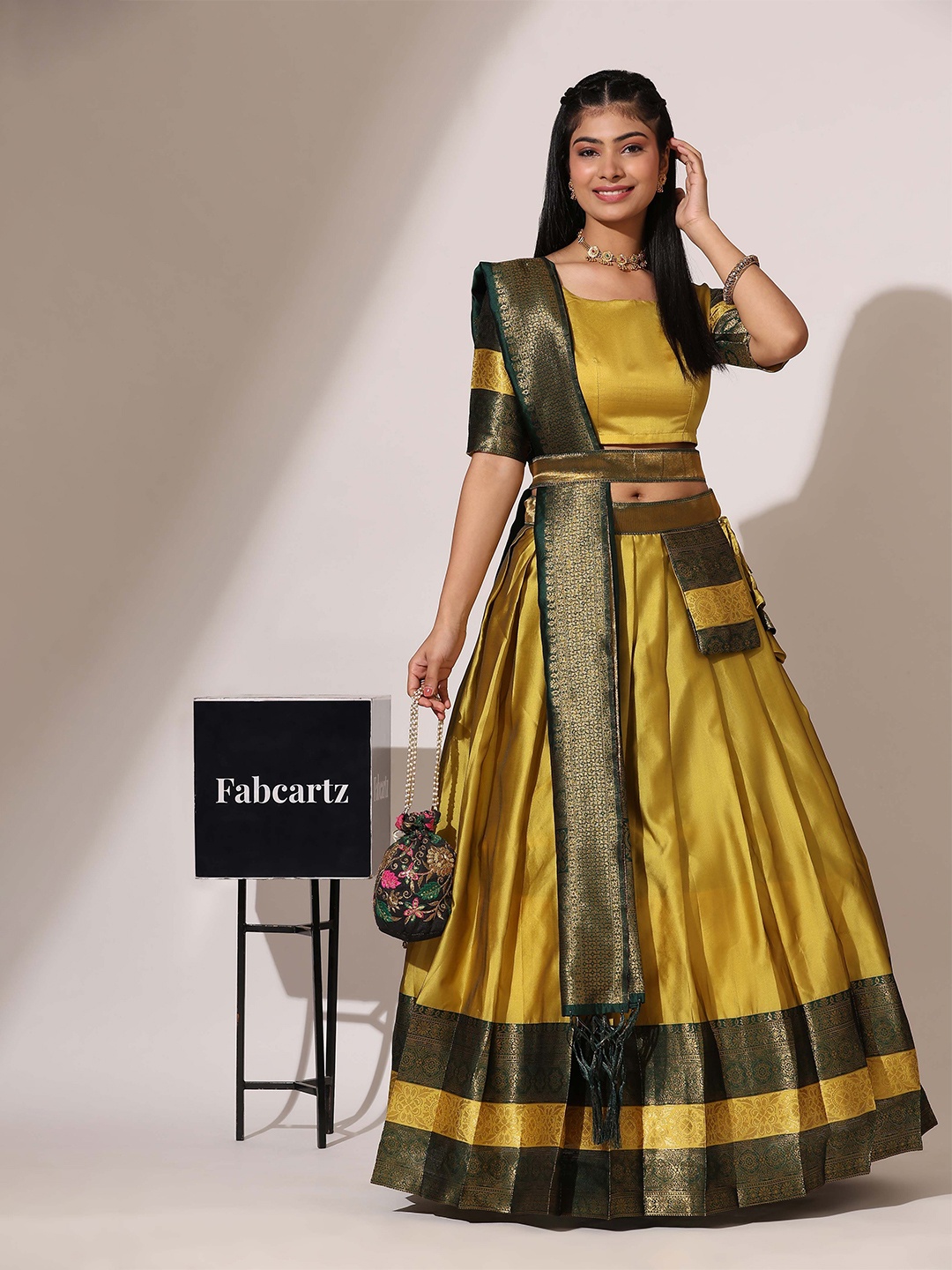 

Fabcartz Semi Stitched Lehenga & Unstitched Blouse With Dupatta, Yellow
