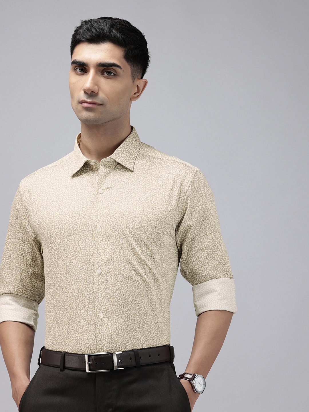 

Park Avenue Slim Fit Opaque Floral Printed Pure Cotton Formal Shirt, Beige