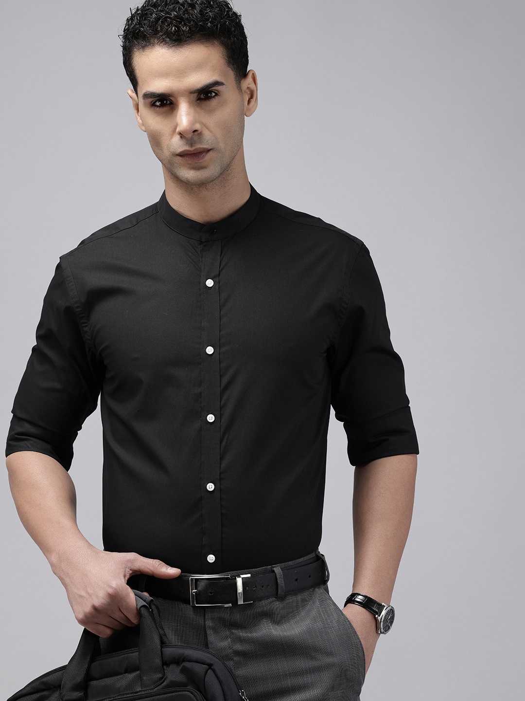 

Park Avenue Slim Fit Mandarin Collar Opaque Pure Cotton Formal Shirt, Black