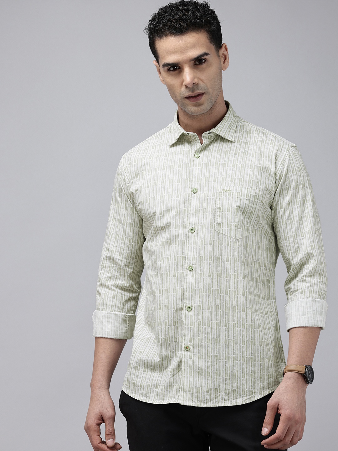 

Park Avenue Slim Fit Opaque Striped Pure Cotton Casual Shirt, Green