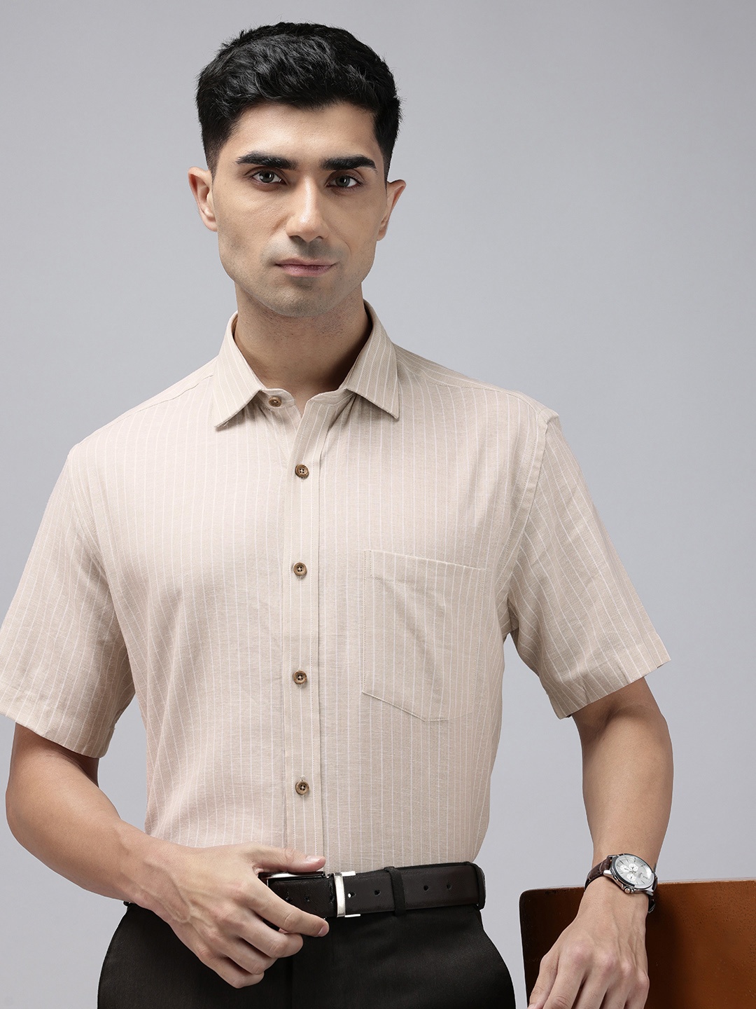 

Park Avenue Striped Linen Cotton Formal Shirt, Beige