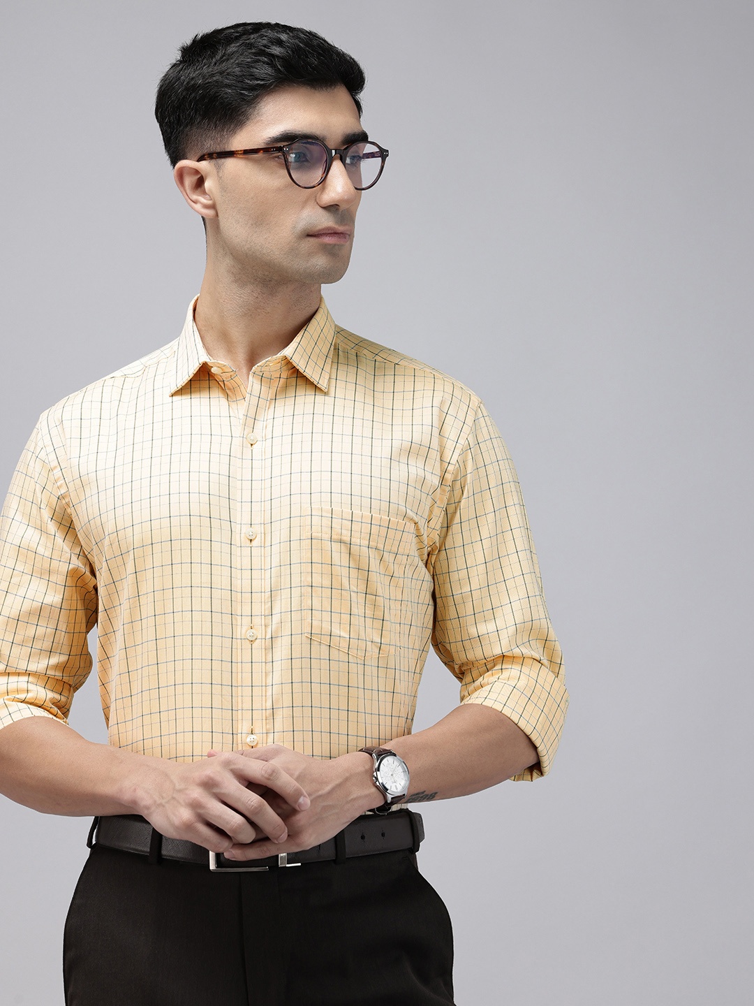 

Park Avenue Slim Fit Grid Tattersall Checks Pure Cotton Formal Shirt, Yellow