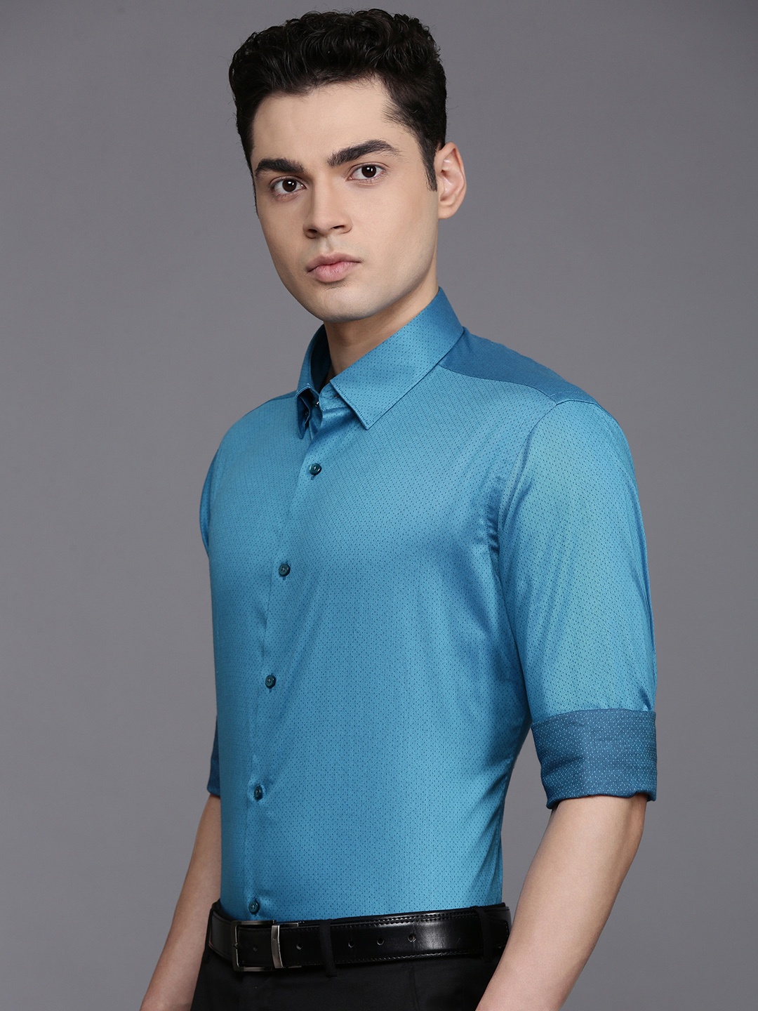 

Raymond Self Design Slim Fit Opaque Pure Cotton Formal Shirt, Blue