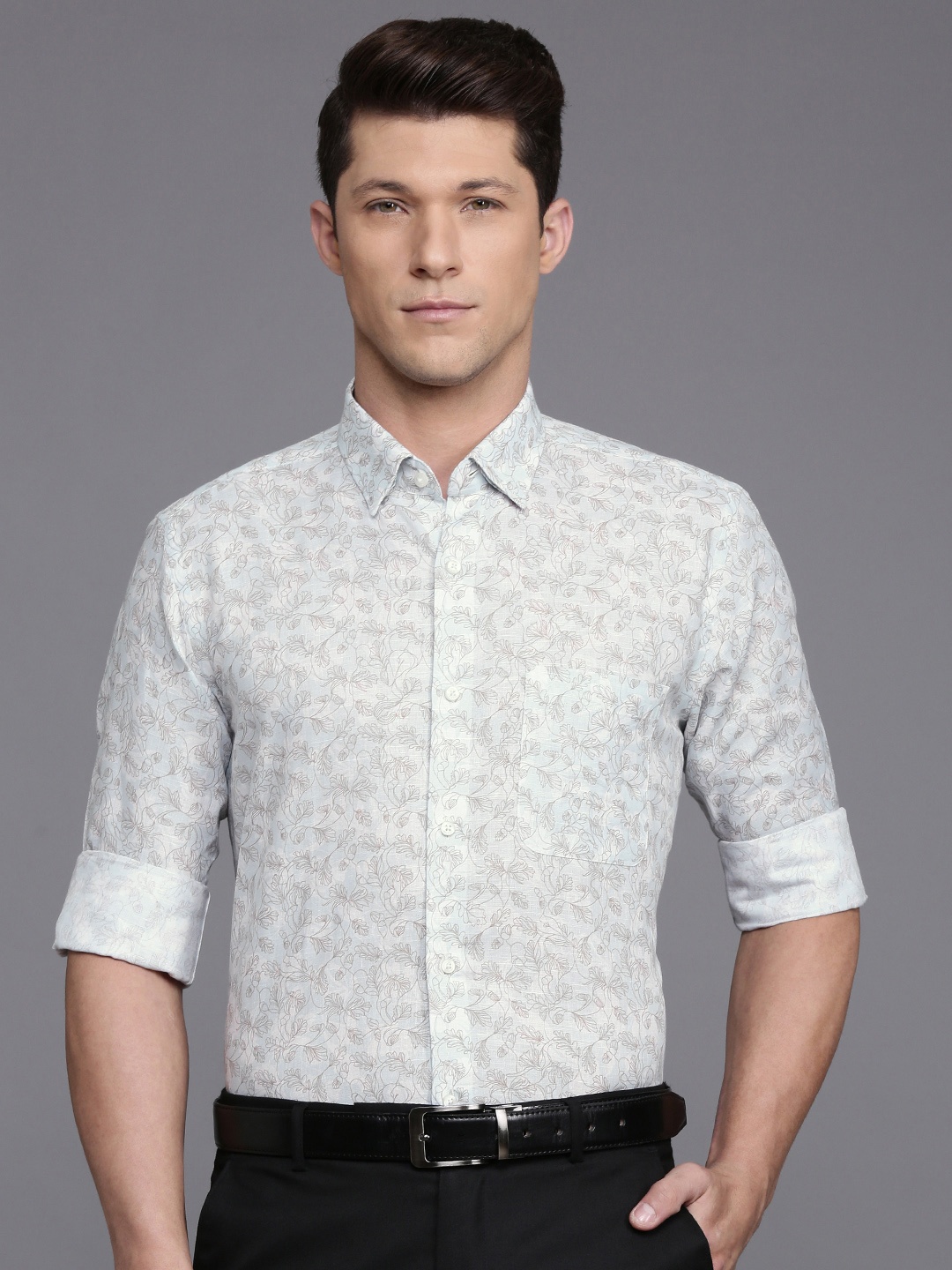 Raymond Cotton Linen Contemporary Fit Opaque Floral Printed Formal Shirt, Sea green