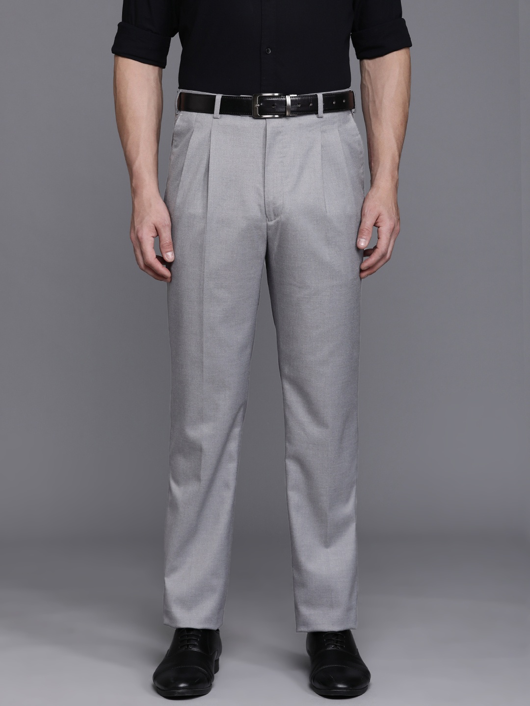Raymond Men Comfort Pleated Formal Trousers, Grey