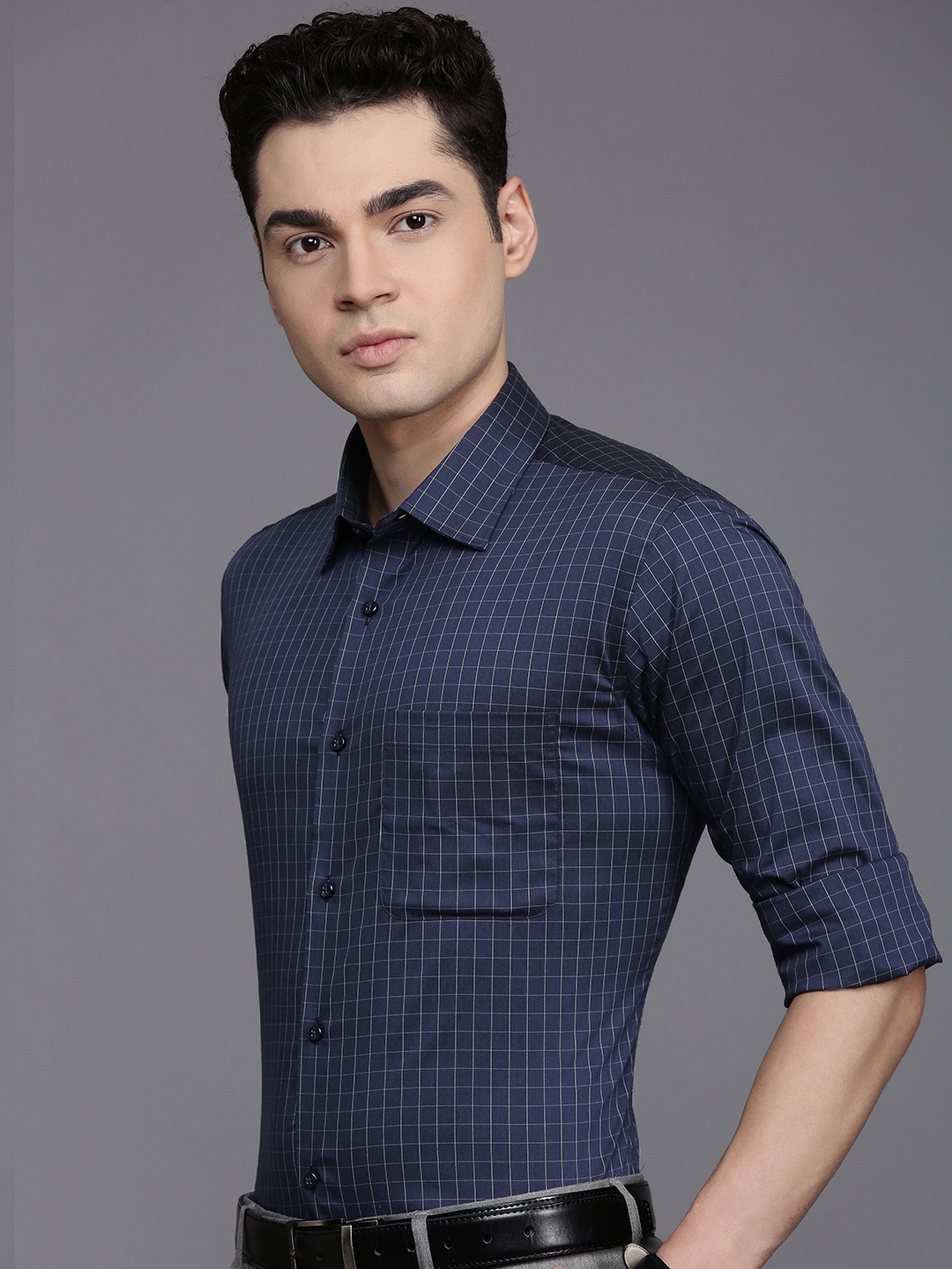 

Raymond Slim Fit Checked Formal Shirt, Navy blue