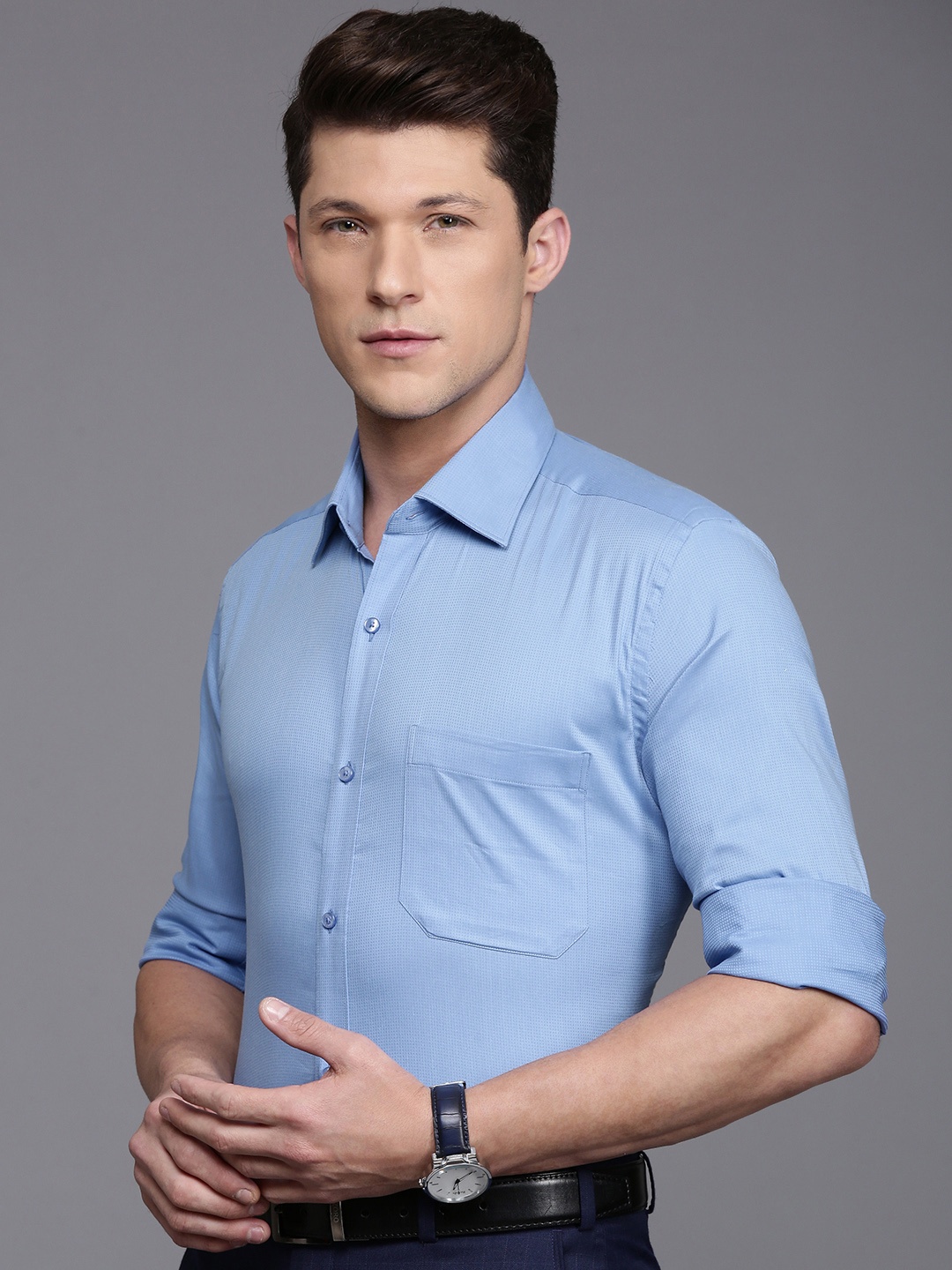 

Raymond Contemporary Textured Self Design Formal Shirt, Blue