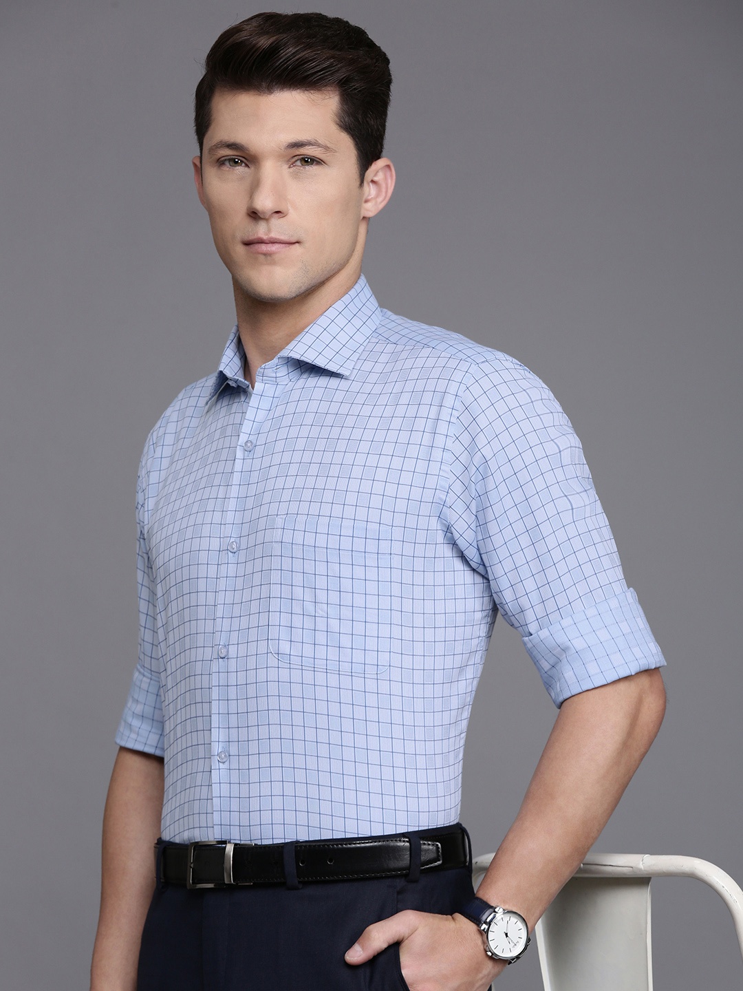 

Raymond Pure Cotton Contemporary Fit Grid Tattersall Checked Formal Shirt, Blue