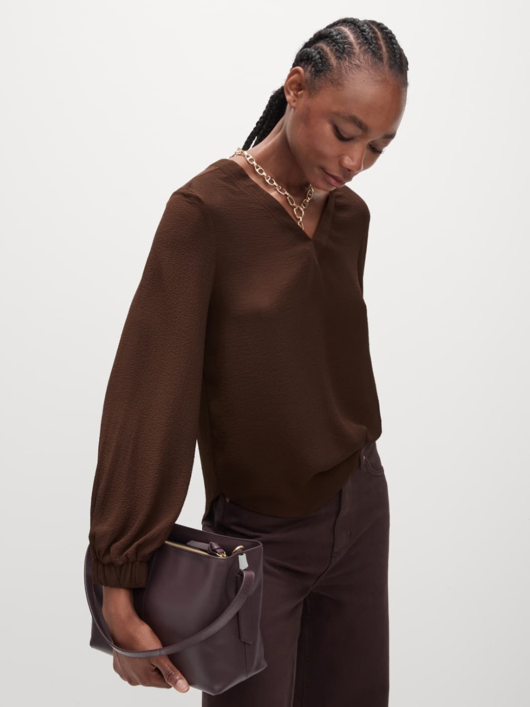 

Marks & Spencer Solid V-Neck Puff Sleeve Top, Brown