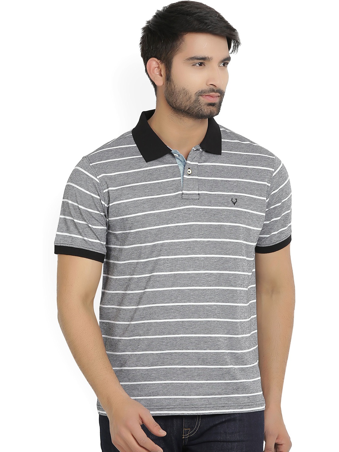 

Allen Solly Men Grey Melange & White Striped Polo Collar T-shirt