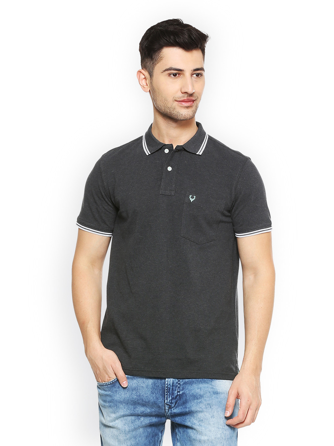 

Allen Solly Men Charcoal Solid Polo Collar Pure Cotton T-shirt