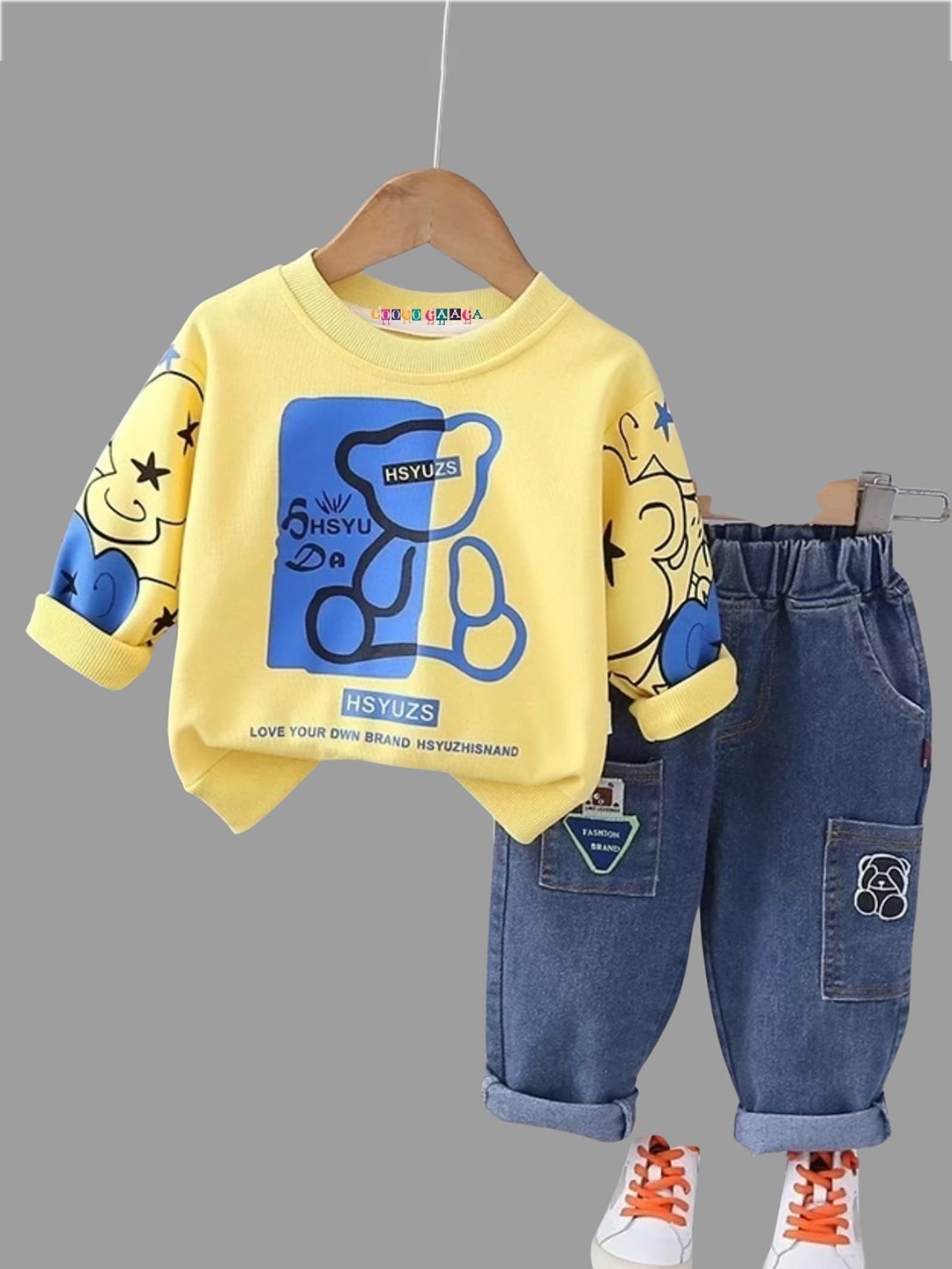 

Googo Gaaga Boys Printed Round Neck Pure Cotton Sweatshirt With Trousers, Yellow