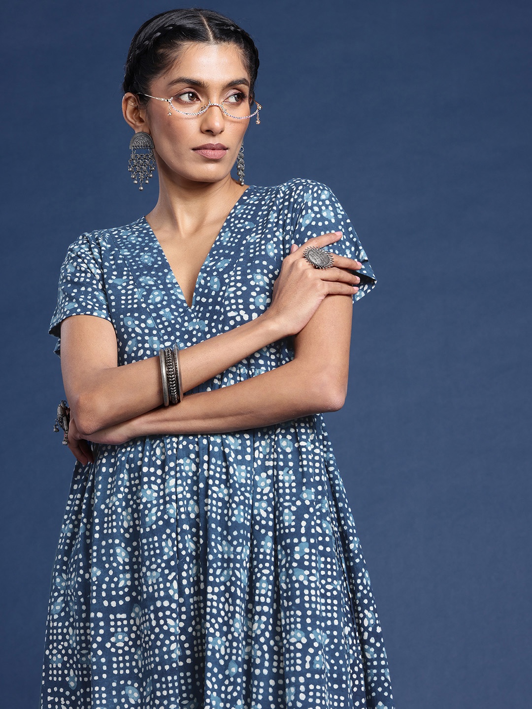 

Women Pure Cotton Indigo Flared Maxi Dress, Navy blue
