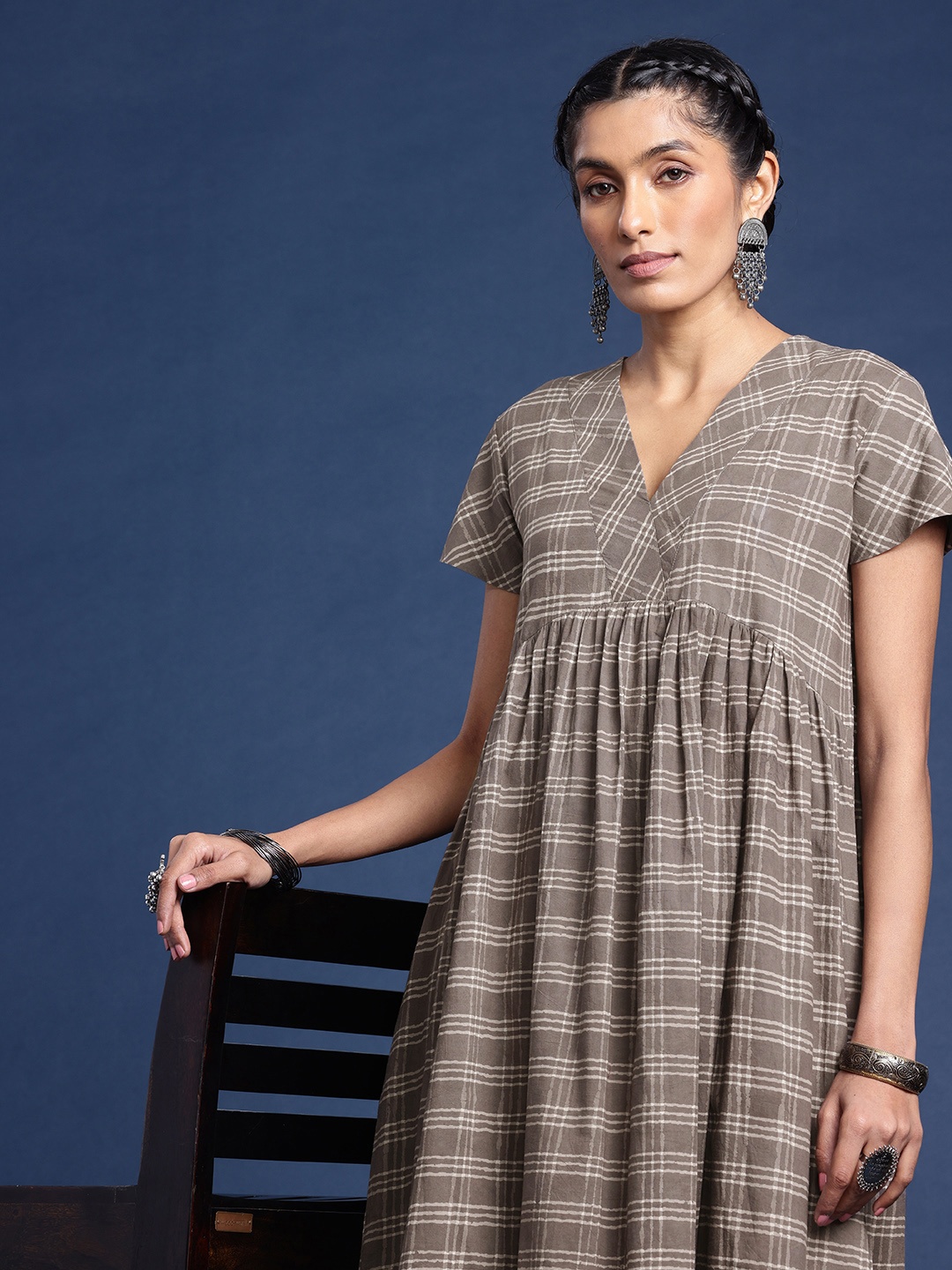 

Women Pure Cotton Dabu Printed Flared Maxi Dress, Brown