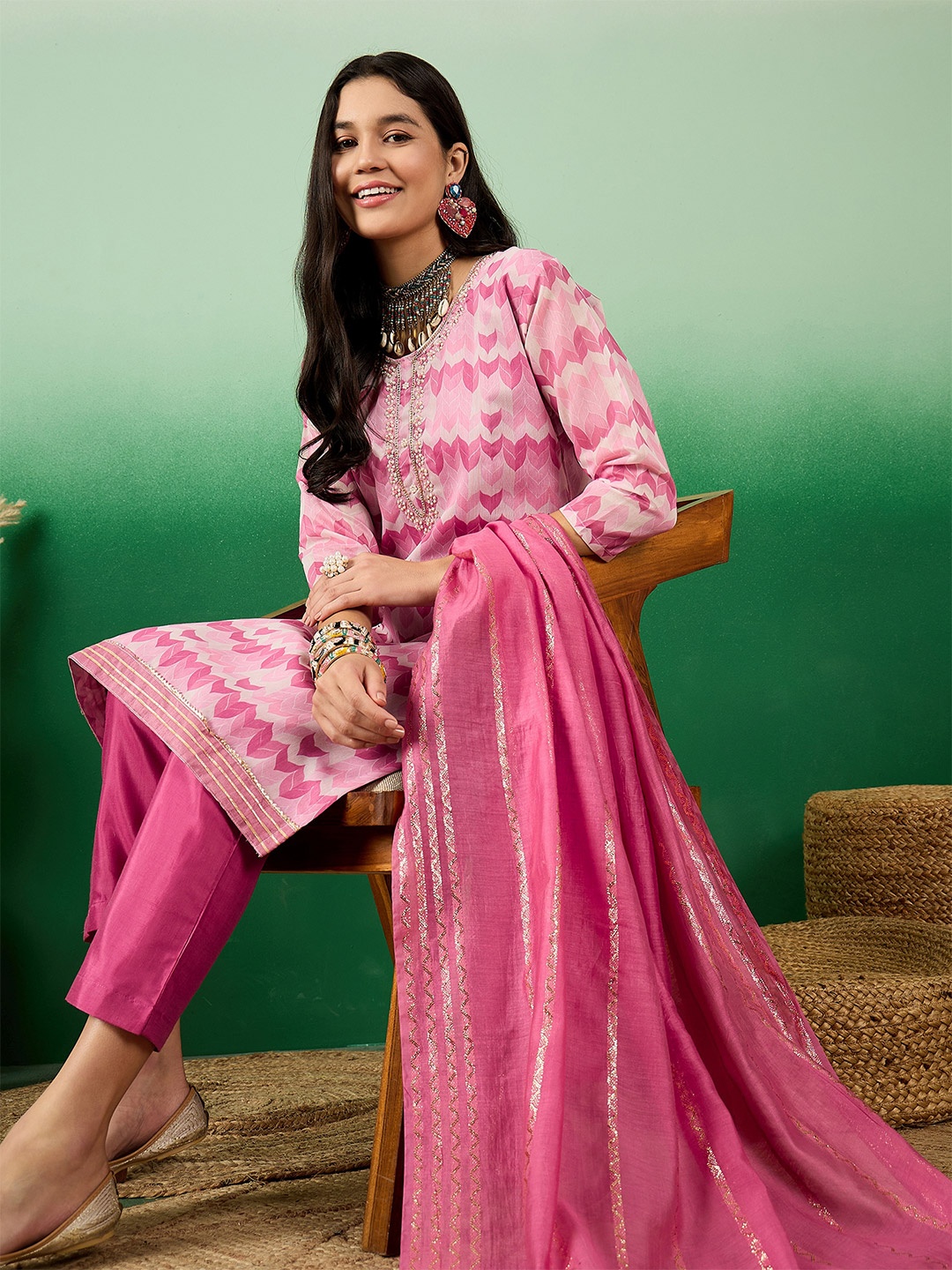 

Maroosh Women Printed Embroidered Kurta & Trouser with Dupatta, Pink