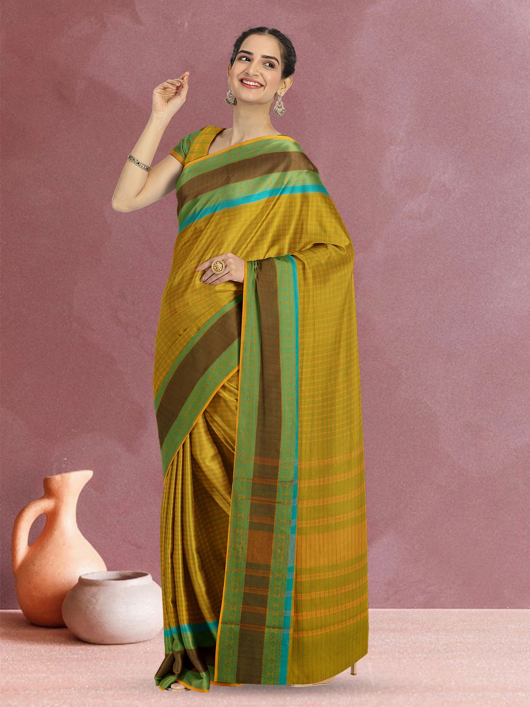 

Avishya Checked Pure Cotton Kanjeevaram Saree, Mustard