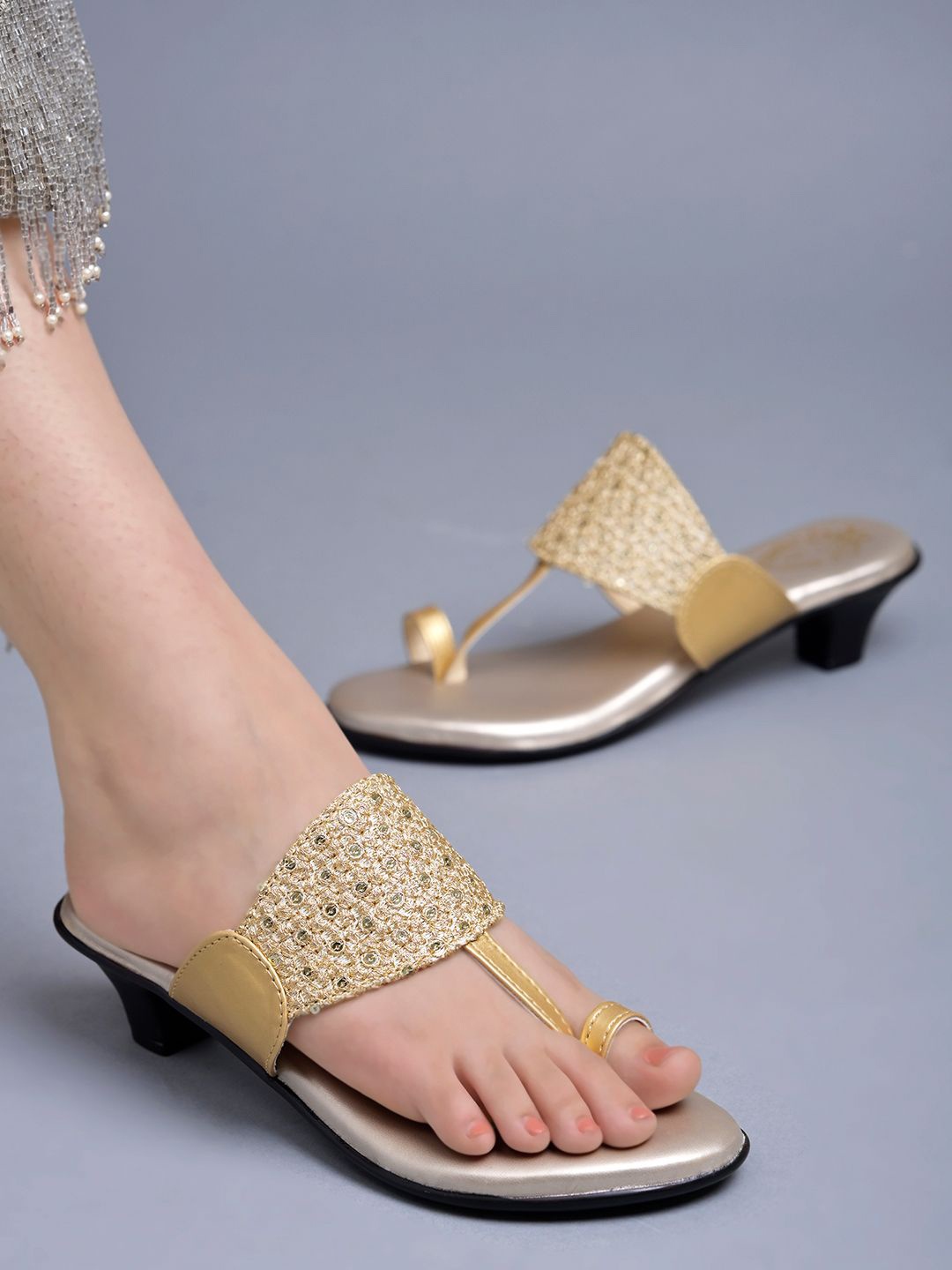 

Shoetopia Women Embellished Kitten Sandals, Gold