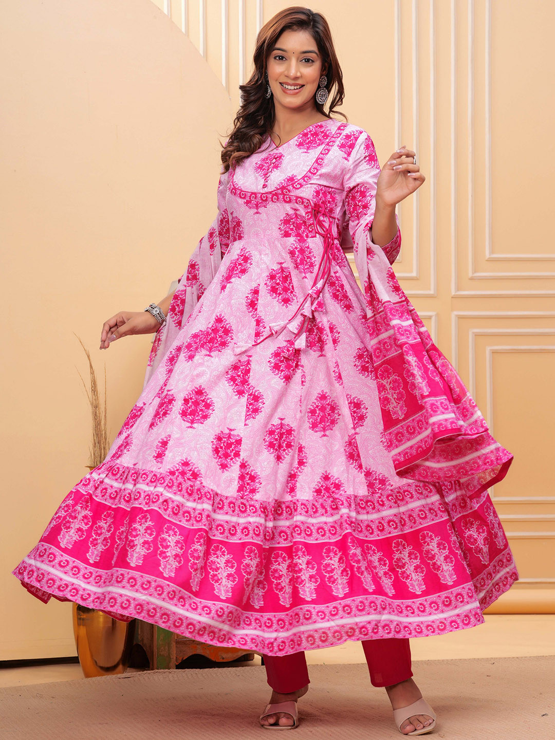 

Mizaz Floral Printed Angrakha Pure Cotton Anarkali Kurta with Trousers & With Dupatta, Pink