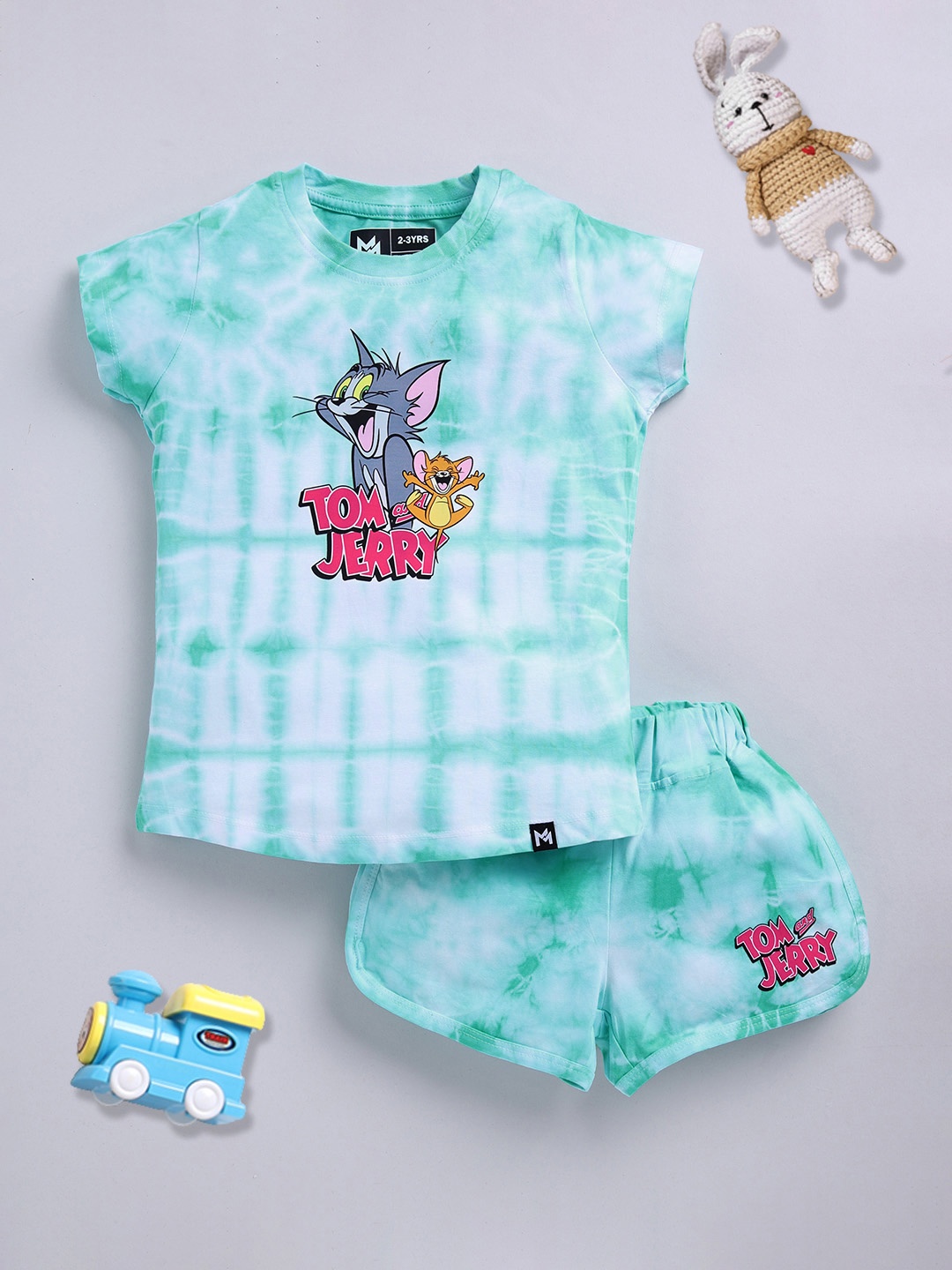 

YK X Minute Mirth Girls Tom & Jerry Printed Tshirt with Shorts, Sea green