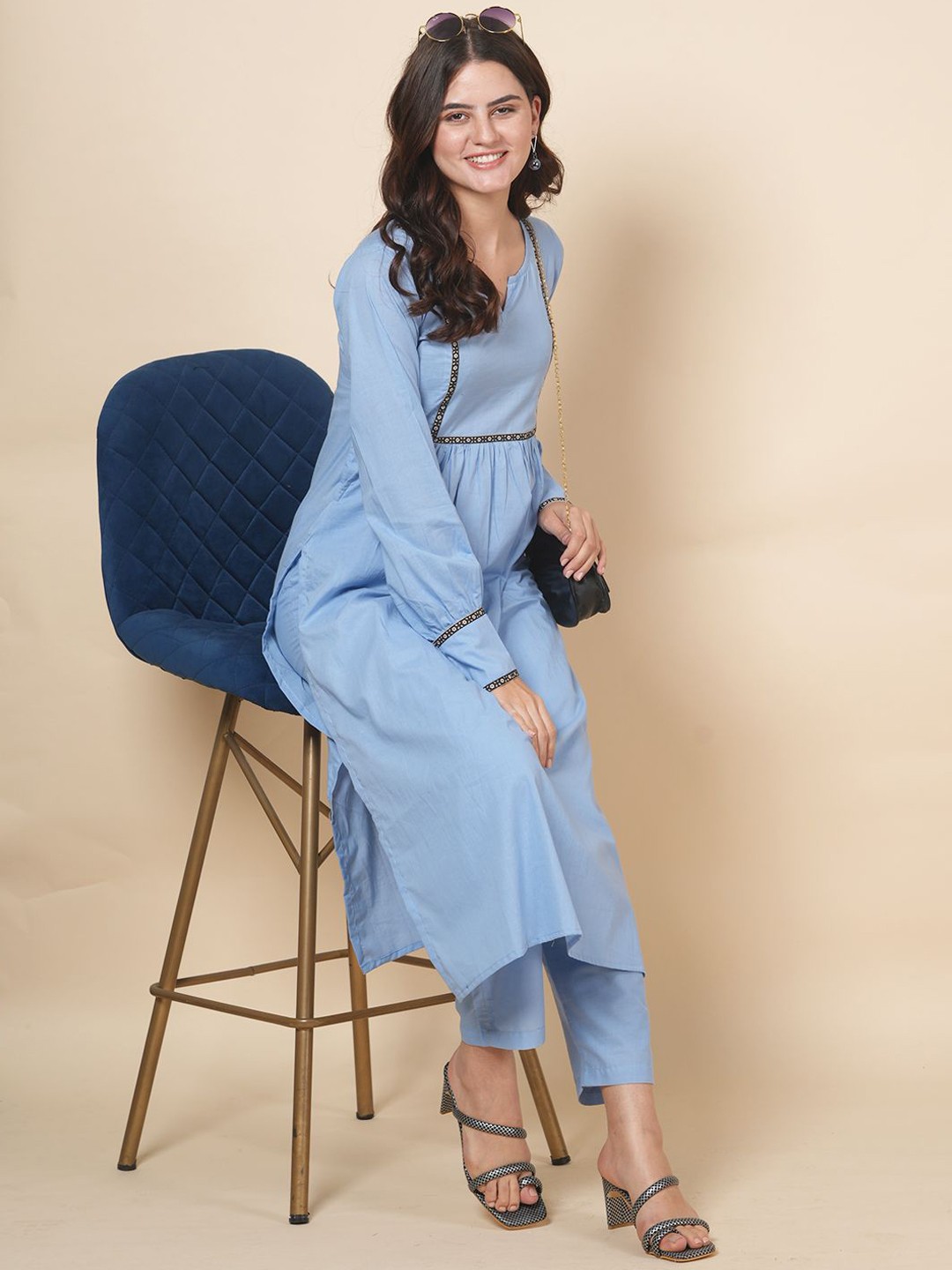 

LABEL KRISHA Yoke Design Notch Neck Pure Cotton A Line Kurta with Trousers, Blue