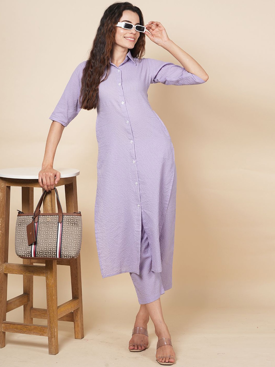 

LABEL KRISHA Regular Kanta Work Pure Cotton Straight Kurta with Trousers, Lavender
