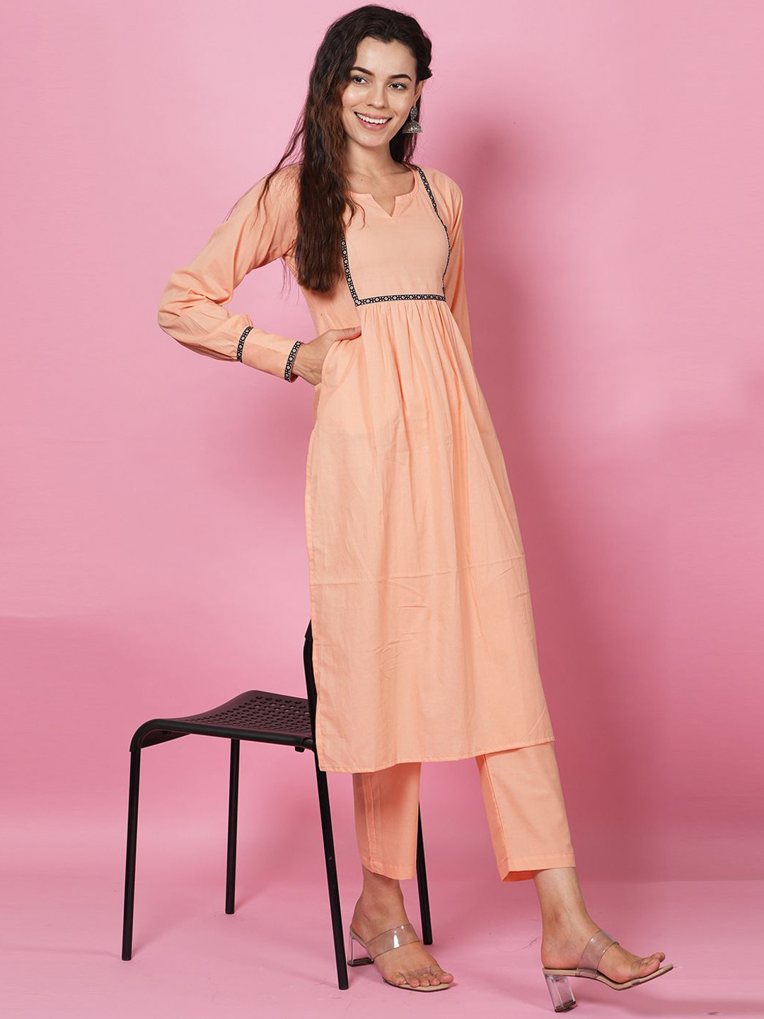 

LABEL KRISHA Notch Neck Puff Sleeves Pure Cotton A Line Kurta with Trousers, Peach