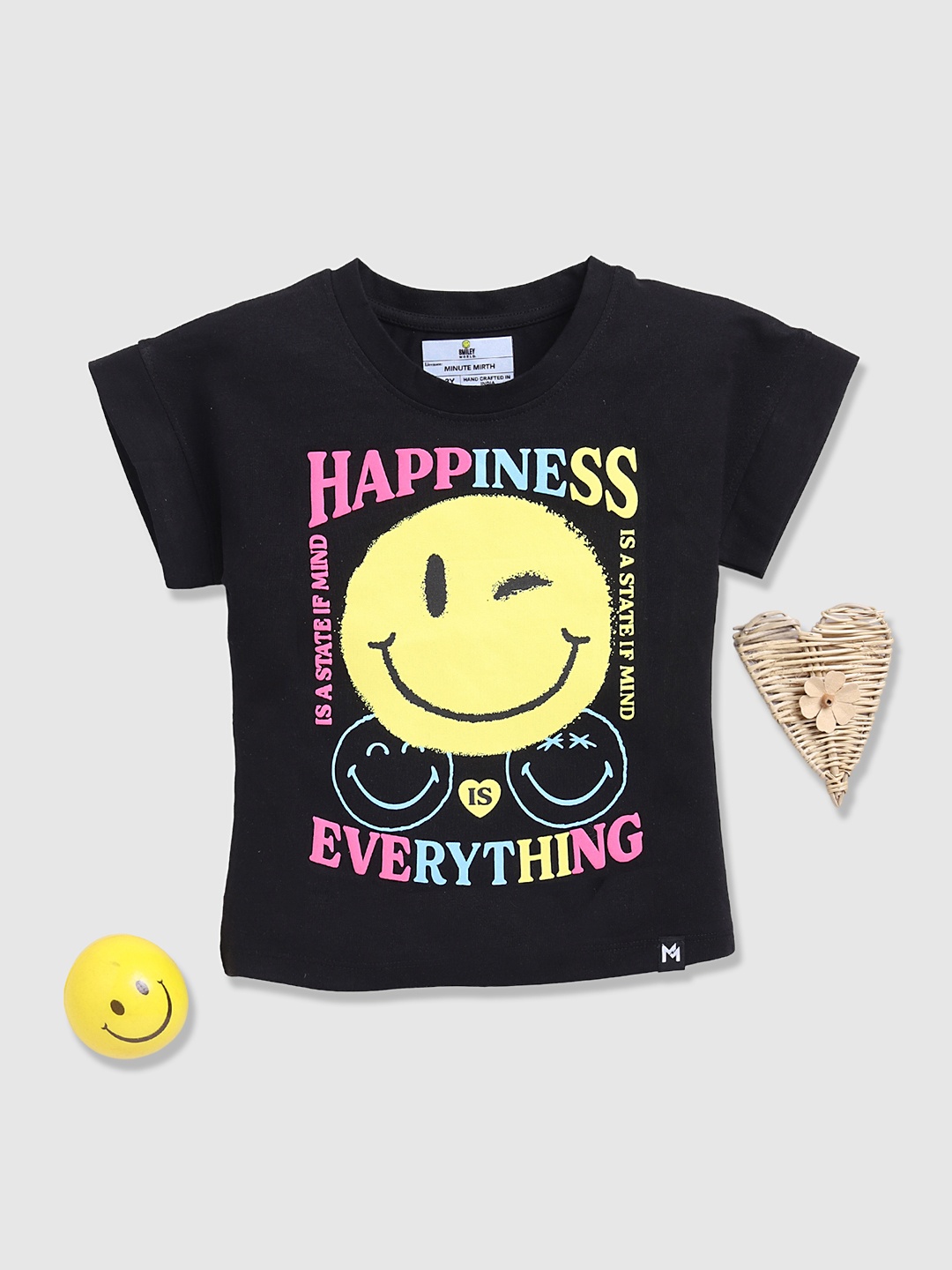 

YK X Minute Mirth Smiley Print Extended Sleeves Cotton Top, Black
